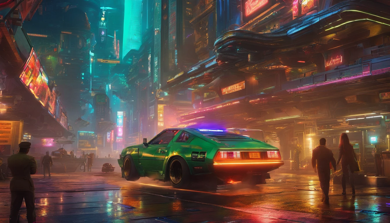 An incredible (((futuristic cityscape))) alive with a vibrant and bustling atmosphere. The (((skyscrapers))), a stunning mix of office buildings, apartments, colosseums, starships, churches, temples, stores, and houses, reflect a blend of styles inspired by Larry Niven, Ridley Scott, and classic architecture. The city is a dynamic and ever-changing canvas, with people going about their daily lives and others diligently working on numerous construction sites. The centerpiece of the scene is a mesmerizing ((cosmic-punk-inspired vehicle)), seamlessly melding elements of a 1979 Datsun 240ZX, and 1974 Winnebago, with metallic gold and steely green accents. Its intricate gears, pipes, and architecture come together in a dazzling display that captures the essence of the future as imagined by pop culture masters like Ridley Scott