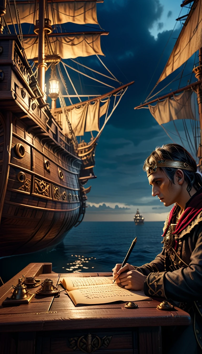 Cinematic style, Julius Caesar writing poetry on a pirate ship, background dark, hyper realistic, ultra detailed hyper realistic, photorealistic, Studio Lighting, reflections, Cinematic, Color Grading, Photography, Shot on 50mm lens, Ultra-Wide Angle, Depth of Field, hyper-detailed, beautifully color, 8k, golden light from the front,