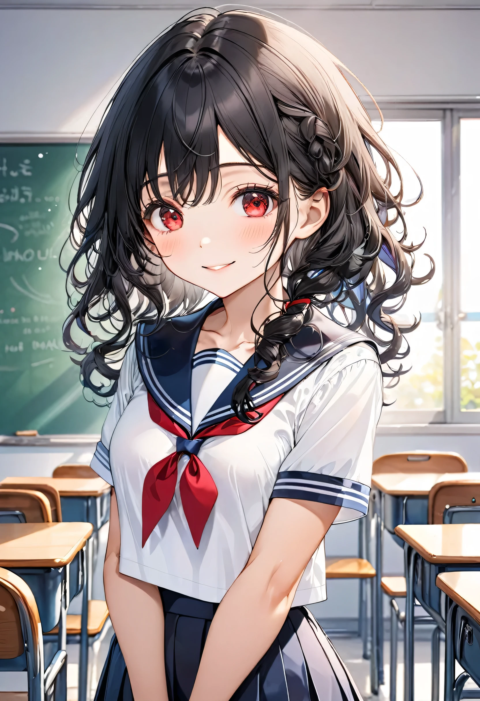 (Calm style) (solo curly:1.3 black hair long hair lovely girl, cute red eyes, smile), (in a summer school sailor suit, skirt), (join hands on chest), in the school classroom, BREAK, perfect anatomy, masterpiece, best quality, 16k, beautiful detailed grow, daydreaming expression.