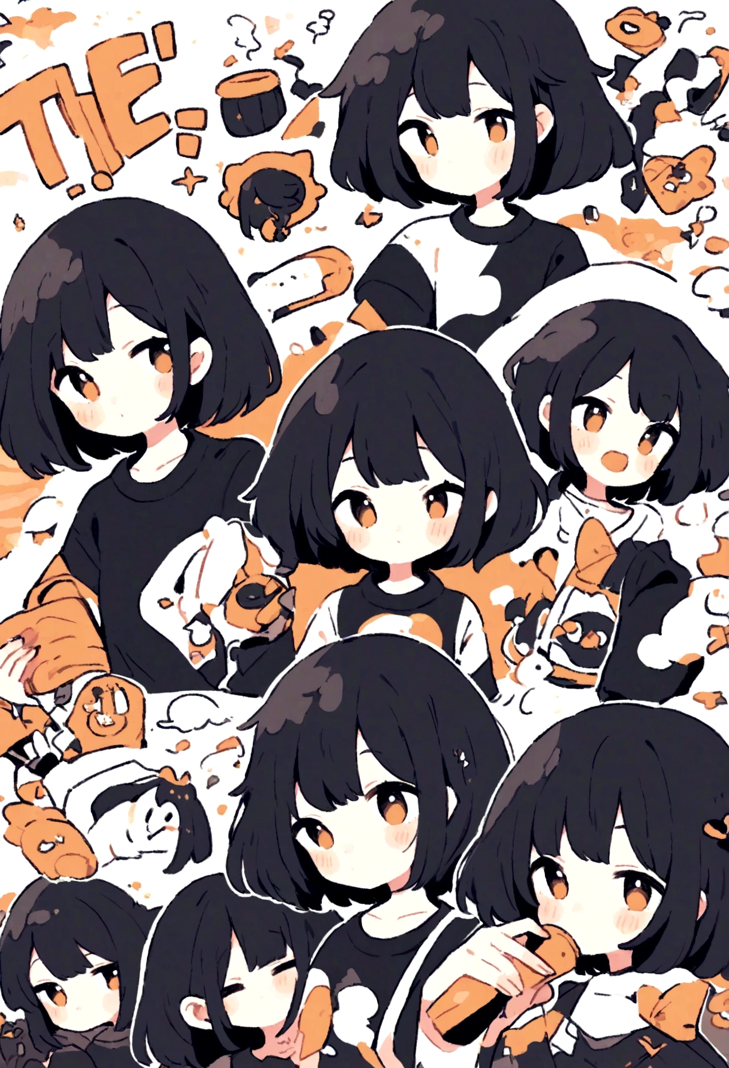 low quality、(Line art)、Pop Art、One Girl、cute、Japanese、10th Generation、Bob Hair、Black Hair、Large T-shirt、Background is white、
