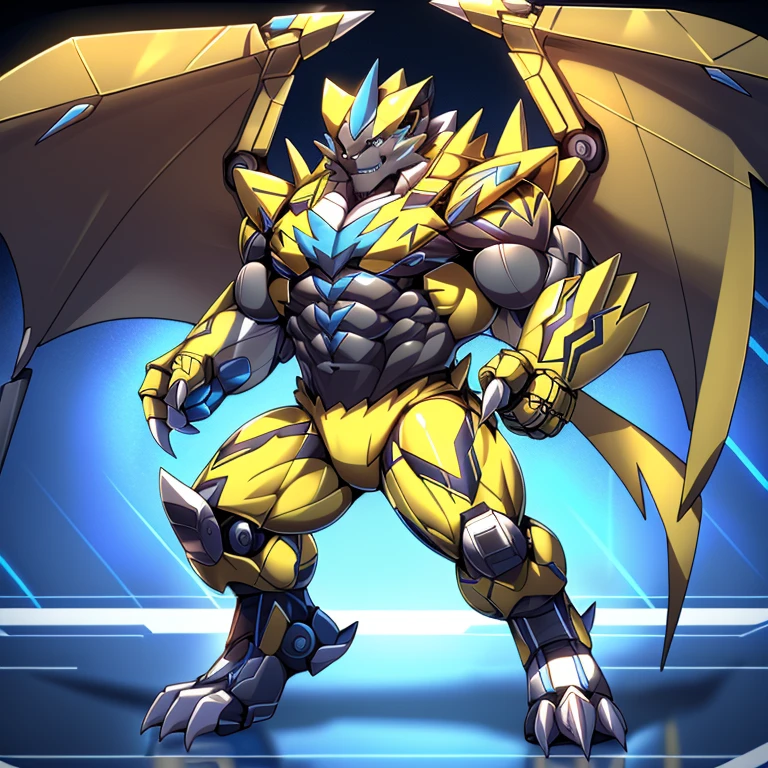 (ZERAORA, 8K), (Zeraora's giant robot, Powered exoskeleton with the same design as Zeraora), (Masterpiece, highres) (Detailed head, Detailed Body, Detailed abs, full body) (gigantic muscles, Gigachad Muscular, big muscle, pecs, triceps, traps, unusually developed muscular body, body full of huge muscles. showing off muscles, pectorales enormes, Exaggeratedly huge muscles.) (nj5furry, The claws are sharp, Sharp teeth, sharp claws), (long legs), (Spread wings, It has wings, have big wings, golden wings), (Wrestling, wrestler, the bodybuilding), (It has wings, whole body shines like metal, Wearing cyberpunk mecha, emphasizes the muscles, suit fully made of metal, intricate armor, Robotic suit, suit fully made of metal, cyborg),