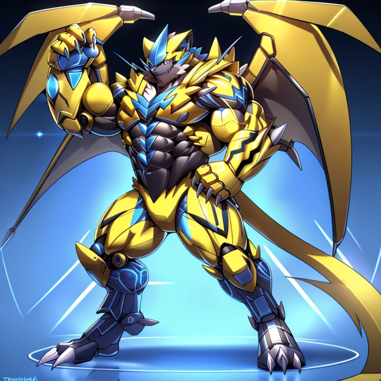 (ZERAORA, 8K), (Zeraora's giant robot, Powered exoskeleton with the same design as Zeraora), (Masterpiece, highres) (Detailed head, Detailed Body, Detailed abs, full body) (gigantic muscles, Gigachad Muscular, big muscle, pecs, triceps, traps, unusually developed muscular body, body full of huge muscles. showing off muscles, pectorales enormes, Exaggeratedly huge muscles.) (nj5furry, The claws are sharp, Sharp teeth, sharp claws), (long legs), (Spread wings, It has wings, have big wings, golden wings), (Wrestling, wrestler, the bodybuilding), (It has wings, whole body shines like metal, Wearing cyberpunk mecha, emphasizes the muscles, suit fully made of metal, intricate armor, Robotic suit, suit fully made of metal, cyborg), 