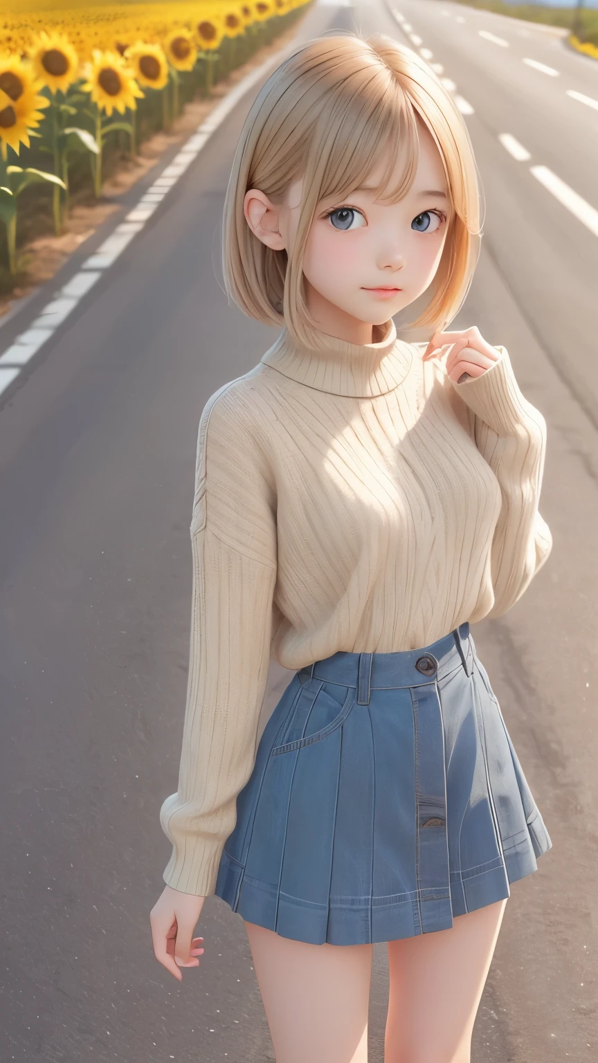 detailed face, cute face, masterpiece, top quality, super detailed, illustration, wide angle, one girl standing in the middle of the road, alone, yellow sunflower field on the middle road and roadside, full body, 20s, blonde hair, sweater, short skirt, fashion,, composition, balance, harmony, rhythm, color, light, shadow, reflection, refraction, tone, contrast, foreground, middle way, background, naturalistic, figurative, expressive.