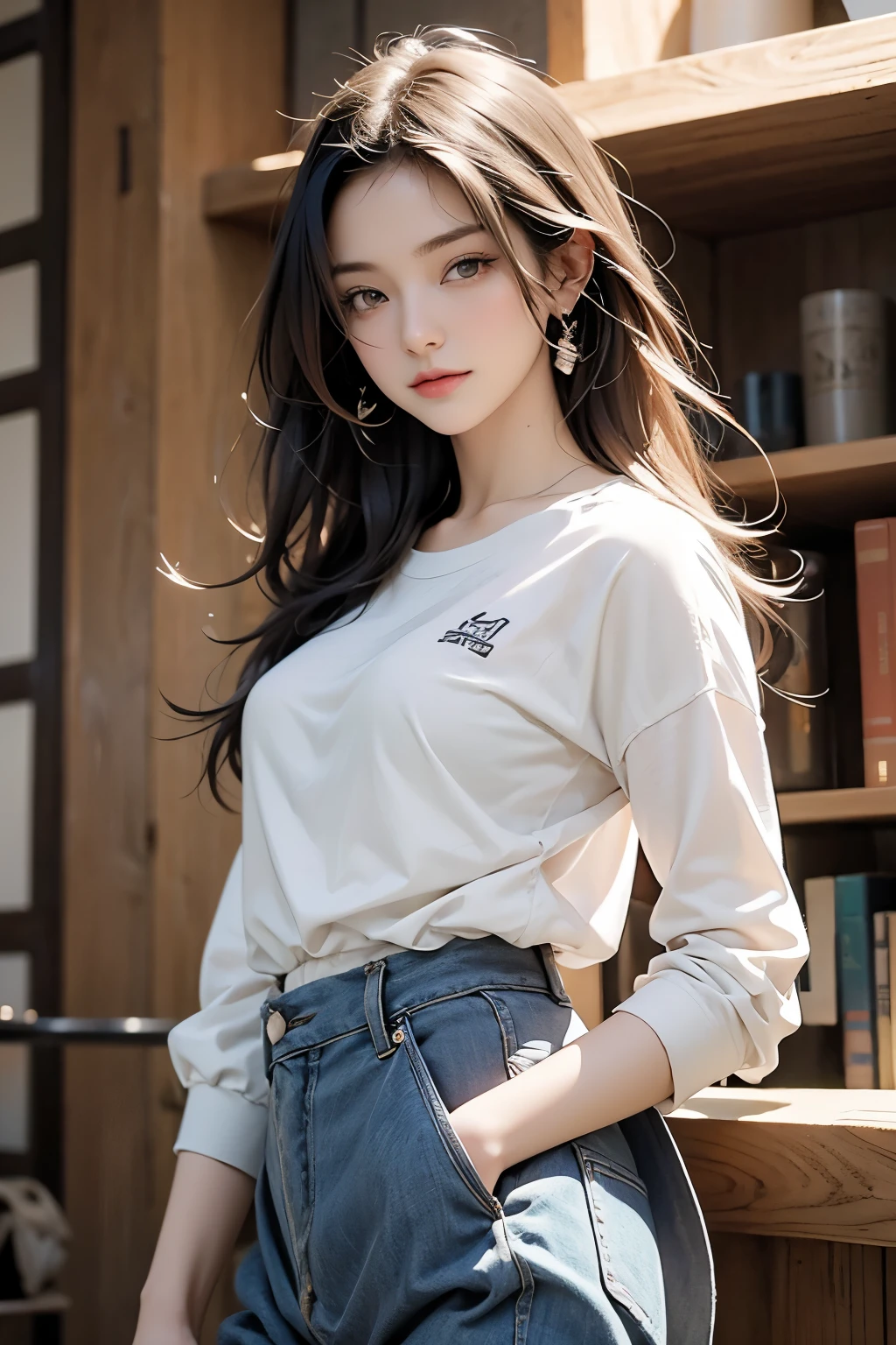 ulzzang-6500-v1.1,(raw photo:1.2), (photorealistic:1.4), beautifuldetailedgirl, Very detailed eyes and face, Beautiful detailed eyes,, hugefilesize, Hyperdetailed, Highres, RAWExtremely detailed,Bestquality,A Masterpiece,((t-shirt )),illustartion,RAWExtremely detailed,CG,unified,8k wallpapers,Amazing,Fine details,A Masterpiece,Bestquality,Very detailed CG unified 8k wallpaper,light on the face,cinematic Lighting, 1girl, 16 years old,Long white hair,Side division,(Big Boobs),(with glasses on),((dynamic poses)),(sexypose),(((Cameltoe))),(Half body),((Pantyhose)),((Black hip skirt)),((((Sit with your knees folded))))