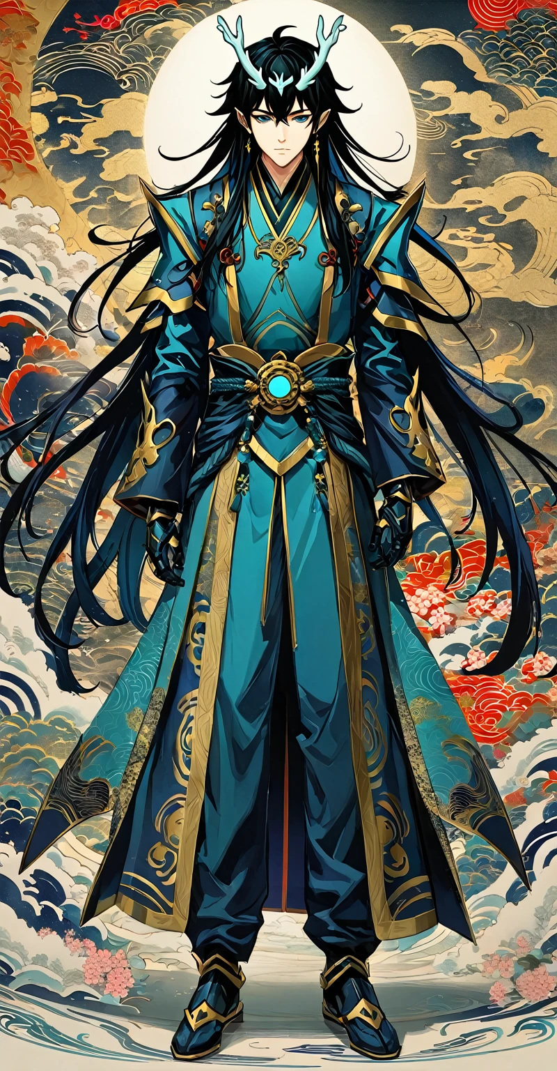 (DAN HENG IMBIBITOR LUNAE), 1man, (detailed eyes and detailed face), masterpiece, best quality, detailed, high resolution illustration), robotic armor, long dark vibrant hair, full body, cool, dark element, Chinese drawing, vibrant color, HDR, shadow, Japan ink drawing, simple no background