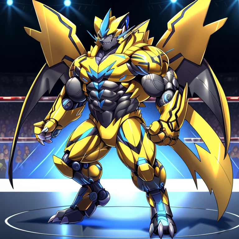 (ZERAORA, 8K), (Zeraora's giant robot, Powered exoskeleton with the same design as Zeraora), (Masterpiece, highres) (Detailed head, Detailed Body, Detailed abs, full body) (gigantic muscles, Gigachad Muscular, big muscle, pecs, triceps, traps, unusually developed muscular body, body full of huge muscles. showing off muscles, pectorales enormes, Exaggeratedly huge muscles.) (nj5furry, The claws are sharp, Sharp teeth, sharp claws), (long legs), (Spread wings, It has wings, have big wings, golden wings), (Wrestling, wrestler, the bodybuilding), (It has wings, whole body shines like metal, Wearing cyberpunk mecha, emphasizes the muscles, suit fully made of metal, intricate armor, Robotic suit, suit fully made of metal, cyborg),