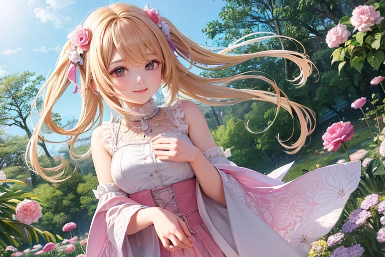 1 Female,Top quality masterpiece, Highest quality and official artistic standards, Featuring beautiful and visually stunning girls:1.3. This piece is very ingenious, rich in color, Exquisitely crafted down to the last detail,Short hair that reaches the shoulders, Droopy eyes,Hair blowing in the wind,Wavy Hair,Bright pink clothes,White blouse,薄いPink ribbon活気に満ちた, Vibrant, Prayer Pose,pray,meditation,A unique visual experience. Optical blending technology brings playful patterns、Add depth to your artwork。, Enhances overall texture and color richness,Close-up portrait, beautiful乙女, Cute Smile, alone,One girl, beautiful ,elegant, Pink color matching,Prayer Poseをする女性,smile,にっこりとsmile,close eyes,Half Shot,Western-style blouse,Beauty,1 Female,Delicate and high resolution,Precise,praying,Light background,Powder of light flutters,Flare,慈like,mercy,like,happiness,Divine,Fluffy clothes,Lustrous skin,Clear skin,White skin,Thin eyebrows,Bright brown hair,rainbow,Silky Hair,Shiny and delicate hair,Like reality,Young,young,pastel colour,Dream world,Pink Background,Top view,Wide-open eyes,Cheerful girl,Long sleeve blouse,Lolita,Kind Face,Stell-colored hair,Dreamland,noon,Light of the sun,Divine Light,Sparkly Background,Pink ribbon,Flower Field,Flower Hair Ornaments