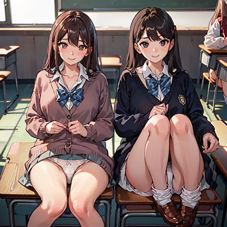 highest quality,masterpiece, ((2 girls:1.5)), (cardigan), Put your knees on your chest:1.5, (smile:1.5), ((high school student)), ((classroom:1.5)), blush:1.3, (White panties:1.5)