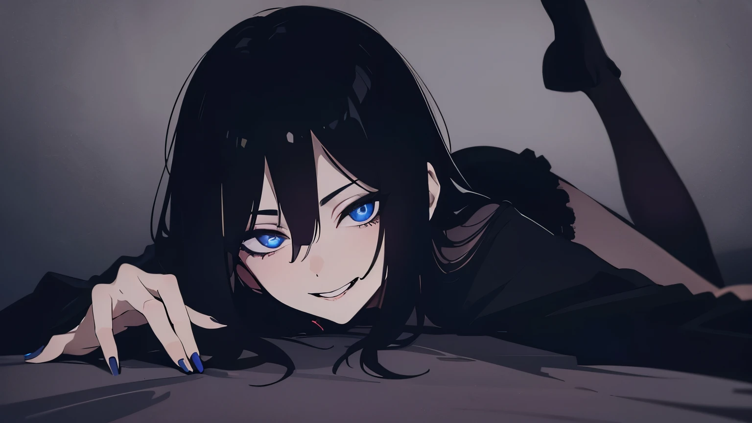 possessed woman, laying down on the bed (dark theme:1.5) prone position, looking back, short straight black hair, wearing kimono, stockings, bang covering one eye, crazy blue eyes, crazy smile, dark atmosphere, suggestive (best quality:1.2), (absurdres:1.2), (detailed background)