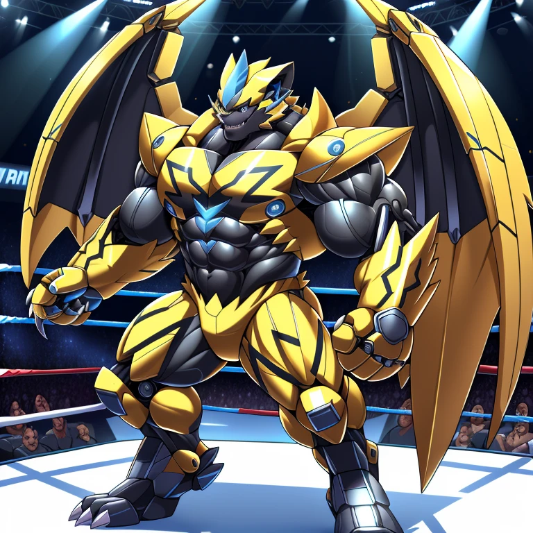 (ZERAORA, 8K), (Zeraora's giant robot, Powered exoskeleton with the same design as Zeraora), (Masterpiece, highres) (Detailed head, Detailed Body, Detailed abs, full body) (gigantic muscles, Gigachad Muscular, big muscle, pecs, triceps, traps, unusually developed muscular body, body full of huge muscles. showing off muscles, pectorales enormes, Exaggeratedly huge muscles.) (nj5furry, The claws are sharp, Sharp teeth, sharp claws), (long legs), (Spread wings, It has wings, have big wings, golden wings), (Wrestling, wrestler, the bodybuilding), (It has wings, whole body shines like metal, Wearing cyberpunk mecha, emphasizes the muscles, suit fully made of metal, intricate armor, Robotic suit, suit fully made of metal, cyborg), 