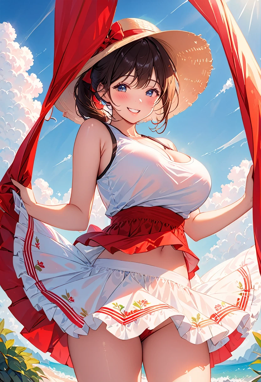 ((Skirt Lift)), (highest quality), Super detailed), Cute smiling girl, (Big Breasts), Tank-top showing red panties , Blushing, Very hot day, Shade, Seduce, Professional photography techniques