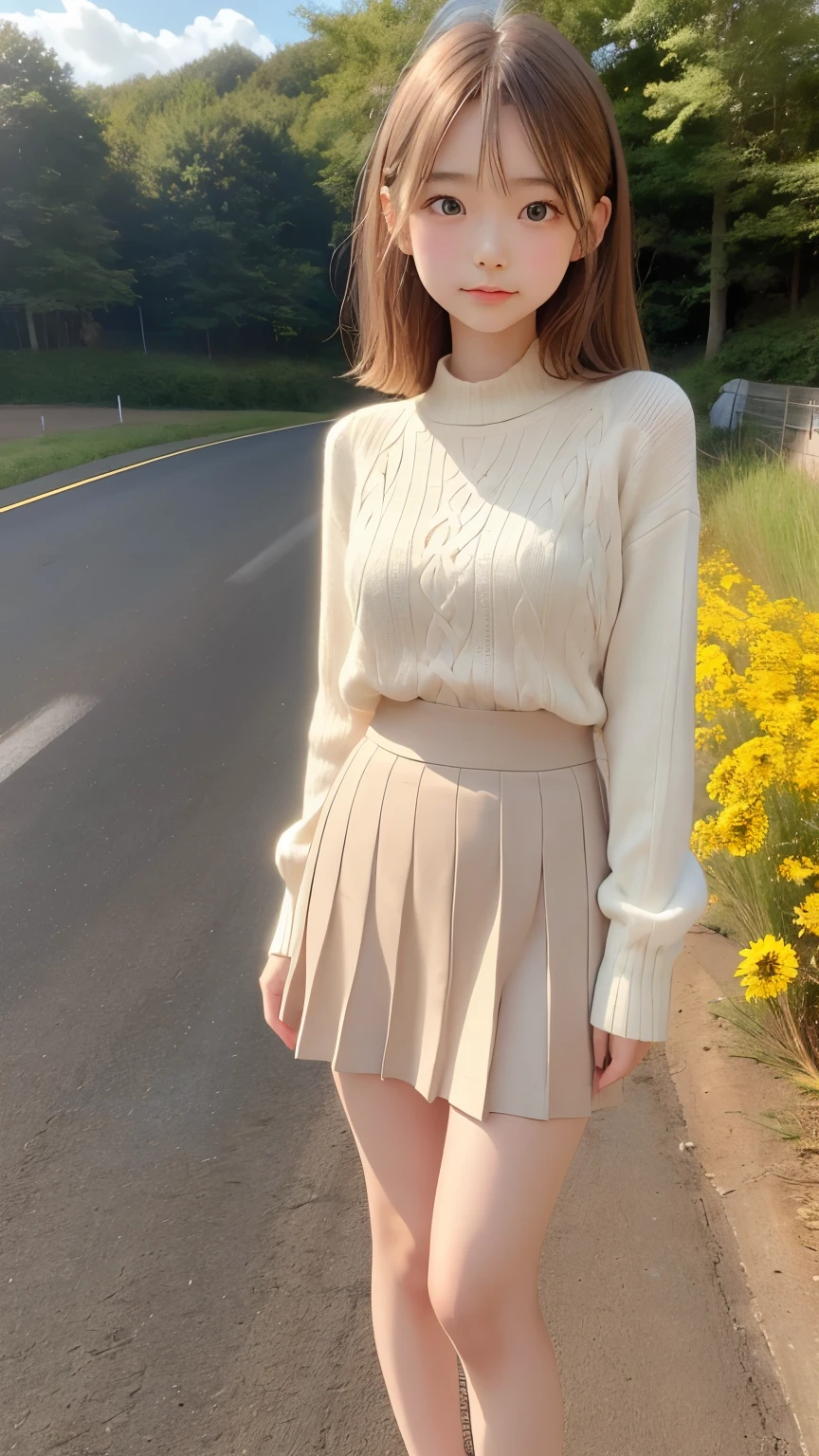 detailed face, cute face, masterpiece, top quality, super detailed, illustration, wide angle, one girl standing in the middle of the road, alone, middle road and roadside yellow rapeseed field, full body, 20s, blonde hair, sweater, short skirt, fashion, composition, balance, harmony, rhythm, color, light, shadow, reflection, refraction, tone, contrast, foreground, middle way, background, naturalistic, figurative, expressive.