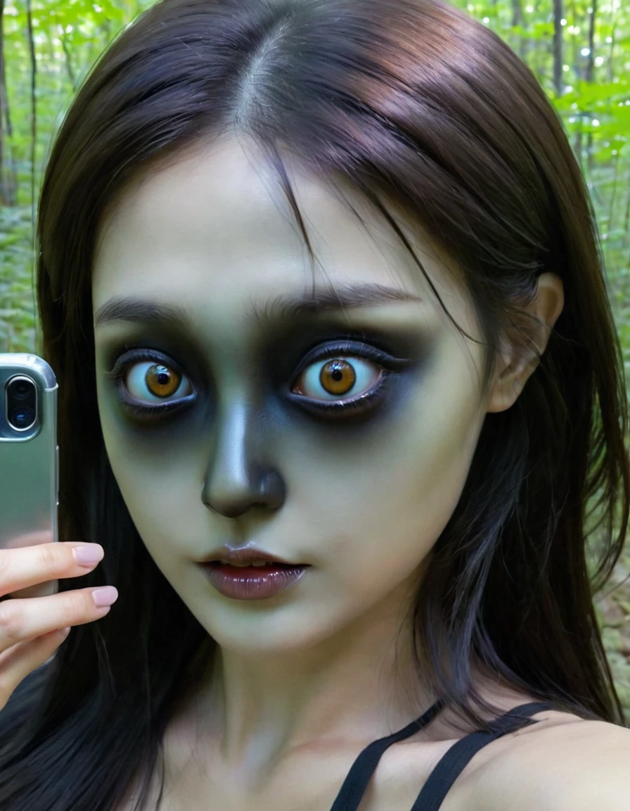 a photorealistic picture of a , isolated, dark, hollowed out soul taking a selfie. a lifeless, ghostly, tragic, sunken eyed creature that resembles a dark shell of a human female but has dead eyes, a pathetic face like the living dead mindlessly taking a selfie with her boyfriend in nature with a cell phone trying to look cute, and attractive