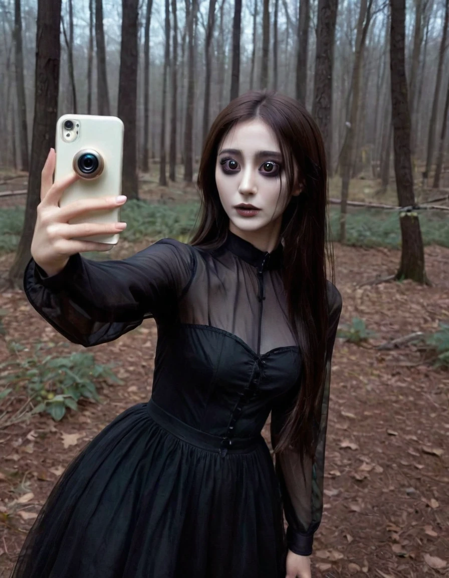 a photorealistic picture of a , isolated, dark, hollowed out soul taking a selfie. a lifeless, ghostly, tragic, sunken eyed creature that resembles a dark shell of a human female but has dead eyes, a pathetic face like the living dead mindlessly taking a selfie with her boyfriend in nature with a cell phone trying to look cute, and attractive