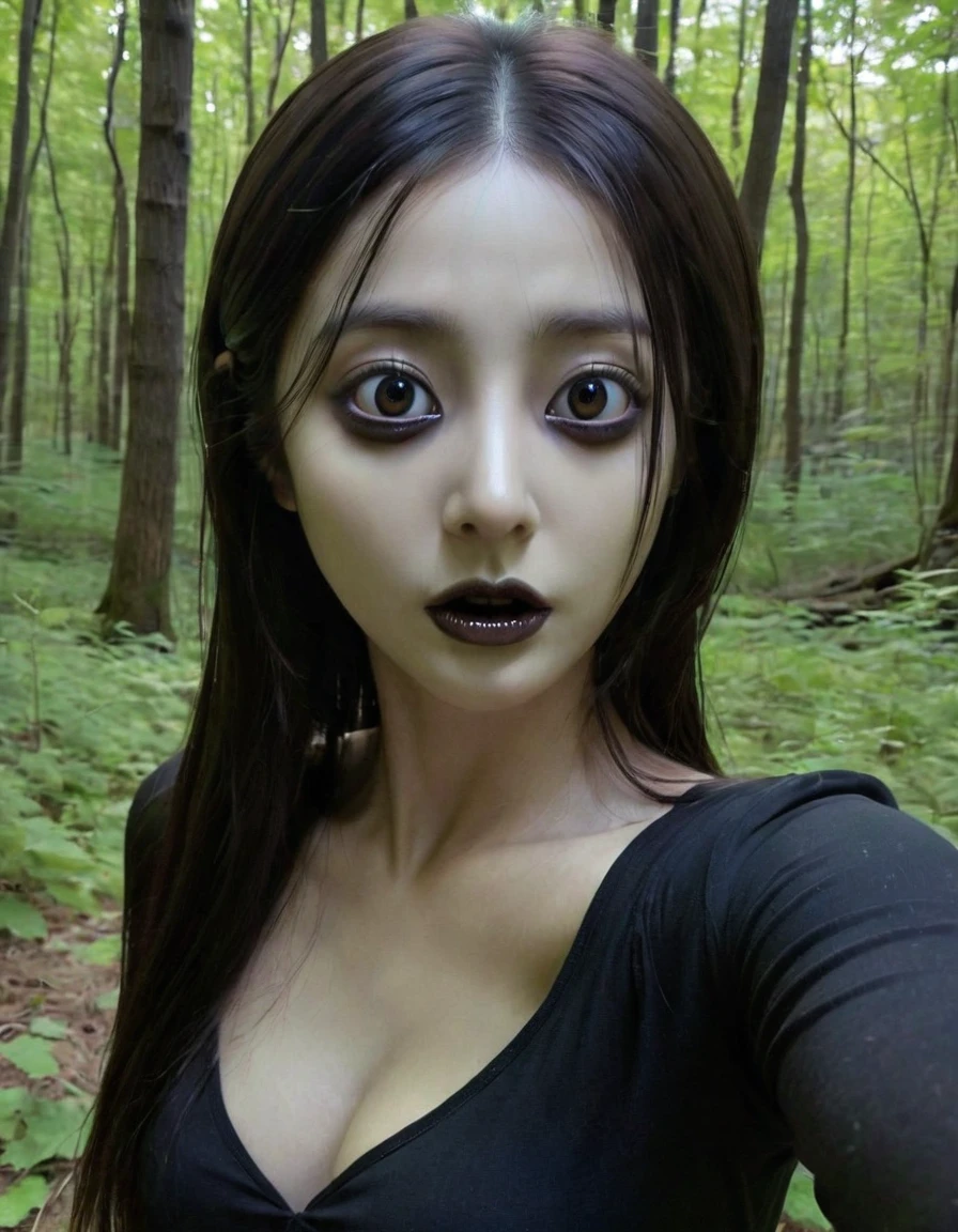 a photorealistic picture of a , isolated, dark, hollowed out soul taking a selfie. a lifeless, ghostly, tragic, sunken eyed creature that resembles a dark shell of a human female but has dead eyes, a pathetic face like the living dead mindlessly taking a selfie with her boyfriend in nature with a cell phone trying to look cute, and attractive