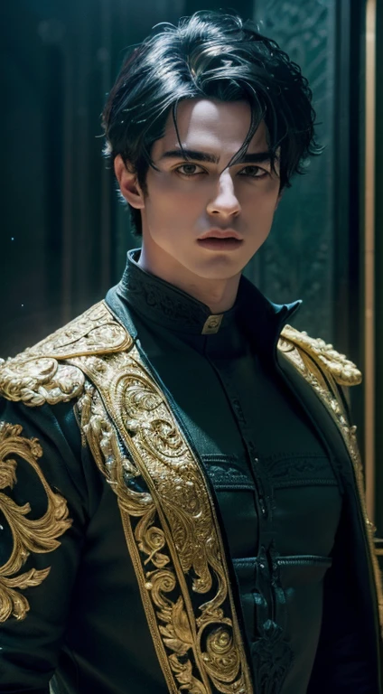 a male wizard with black hair, intense green eyes, 25 years old, (best quality,4k,8k,highres,masterpiece:1.2),ultra-detailed,(realistic,photorealistic,photo-realistic:1.37),half body,noble clothing,ornate details,intricate patterns,dramatic lighting,chiaroscuro,cinematic,fantasy,mystical,magical