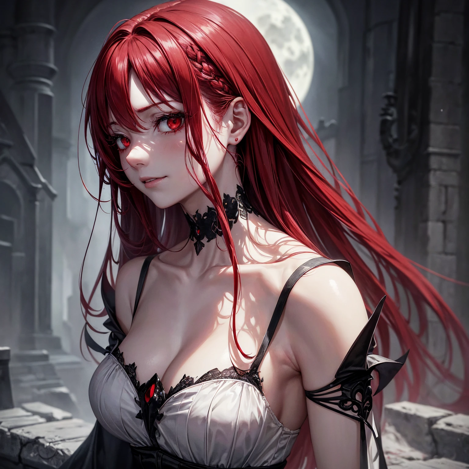 (best quality,4k,8K,High resolution,masterpiece:1.2),Extremely detailed,(Practical,photoPractical,photo-Practical:1.37),A girl covered in blood from head to toe,Staring at the viewer with dark and haunting eyes,In a creepy atmosphere,The skin is cold and pale,Sharp icicles surround her,Body frozen in time,An expression full of pain and strength,Foggy,The blood drops glistening on her hands,The flowing red hair flows down her back,A smile appeared at the corner of his mouth,The sinister shadow cast by the full moon in the background,Cloudy sky,The sky is clouded over,The faint silver moonlight illuminated her figure,Each hair、Each drop of blood adds depth and texture,An ethereal and otherworldly existence,Dark and atmospheric lighting,Gothic and horror-inspired art styles,Cool and desaturated tones,With deep red and vivid crimson,Emphasize the contrast between light and darkness,A majestic and unsettling atmosphere,Attention to detail,Unforgettable beauty and captivating composition.