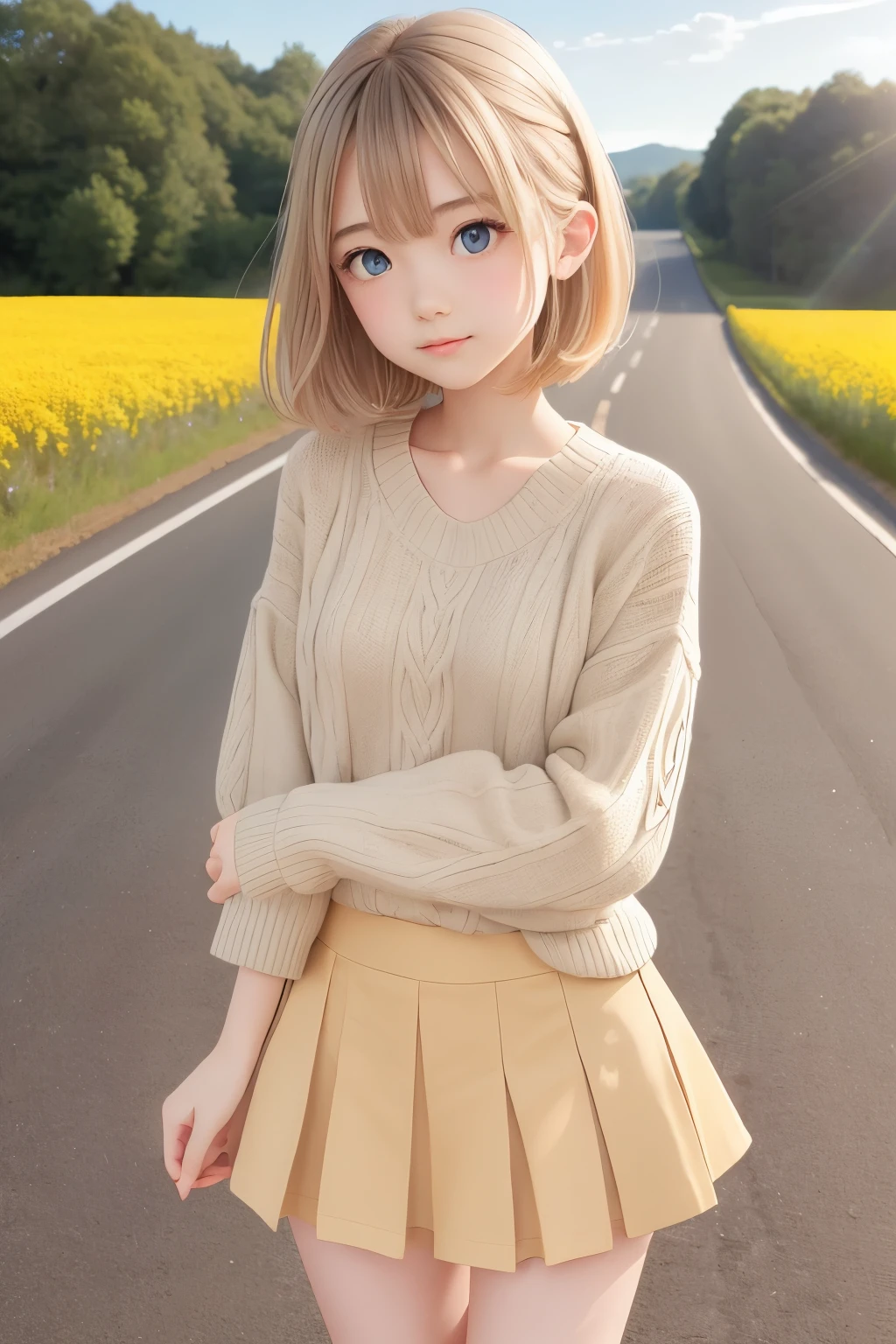 detailed face, cute face, masterpiece, top quality, super detailed, illustration, wide angle, one girl standing in the middle of the road, alone, middle road and roadside yellow rapeseed field, 20s, blonde hair, sweater, short skirt, fashion, composition, balance, harmony, rhythm, color, light, shadow, reflection, refraction, tone, contrast, foreground, middle way, background, naturalistic, figurative, expressive.