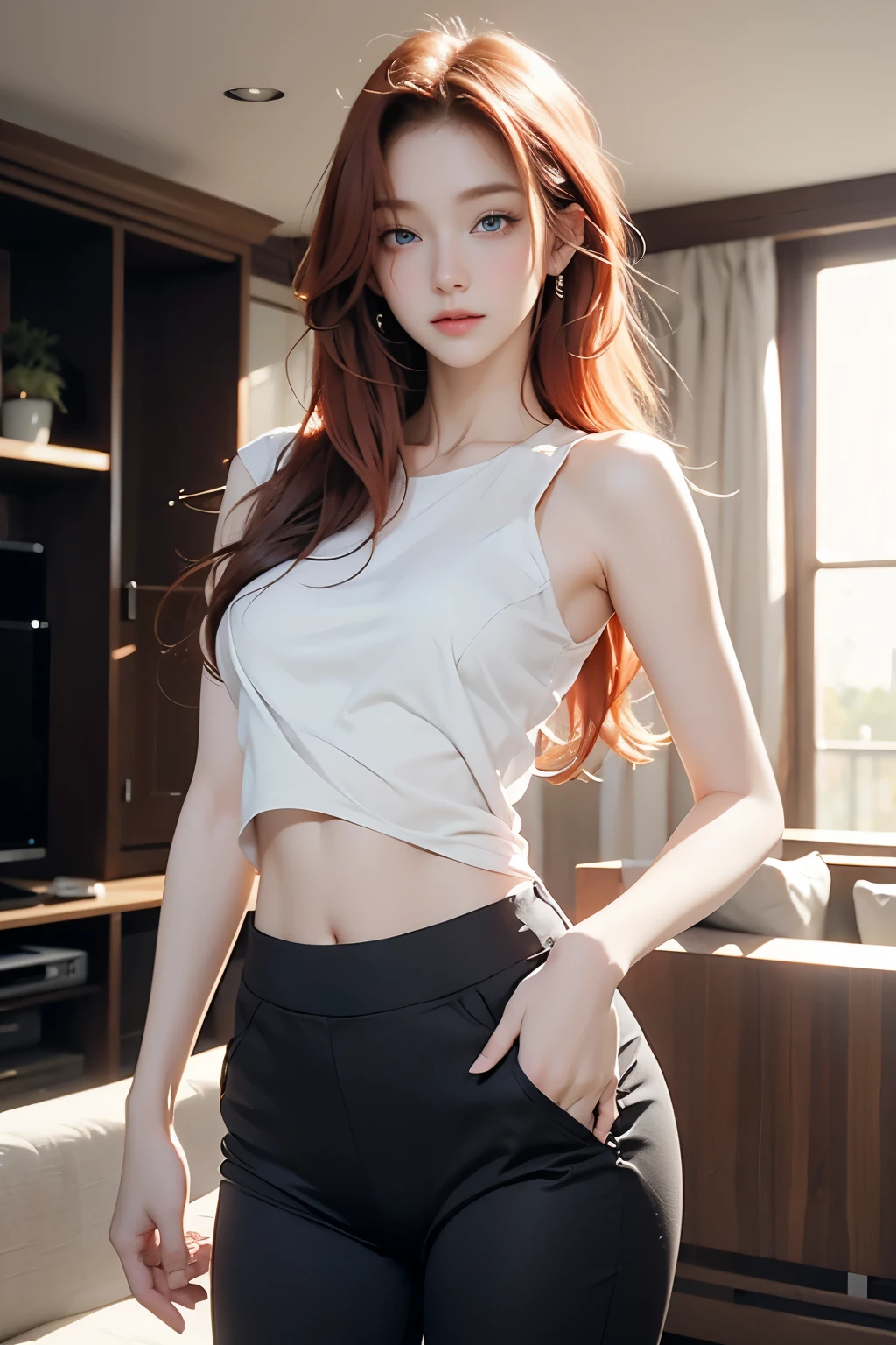 4k quality, excellent resolution, beautiful woman, redhead, long hair, blue eyes, detailed eyes, fine face, bare shoulders, fitted blouse, bare abdomen, large breasts, fitted sports pants, slim hips, real skin texture, standing, living room Standby