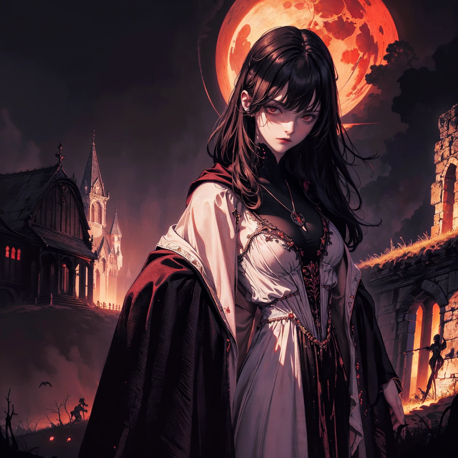 best quality, 4k, High resolution, masterpiece:1.2, Extremely detailed, Practical:1.37, Mood lighting, girl, Crucified, Pitch black sky, Red Moonlight, Weird atmosphere, Gothic style, Unforgettable beauty, Dramatic shadows, Ethereal Light, Mysterious atmosphere.