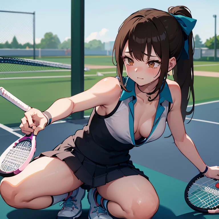 ((nsfw))、field、audience、Tennis court、((tennis racket))、exposed、blush、crying face、spread legs、wet、ponytail、ribbon、brown hair、love juice dripping