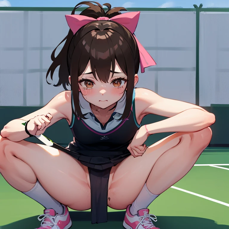 ((nsfw))、field、audience、Tennis court、((tennis racket))、exposed、blush、crying face、spread legs、wet、ponytail、ribbon、brown hair、love juice dripping