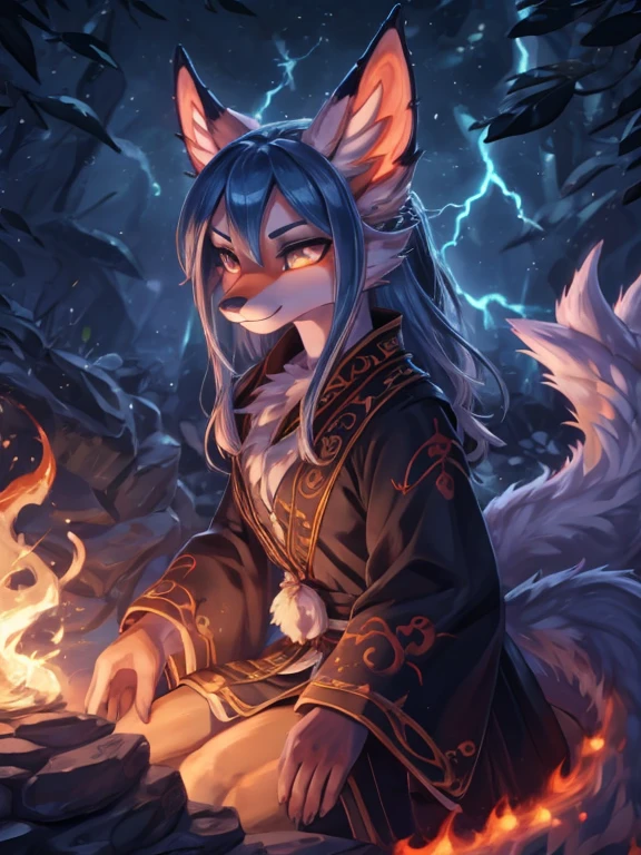 Azuna in hell, fire bending, kitsune ears, jardin zen, lanzando rayo azul, thunder,