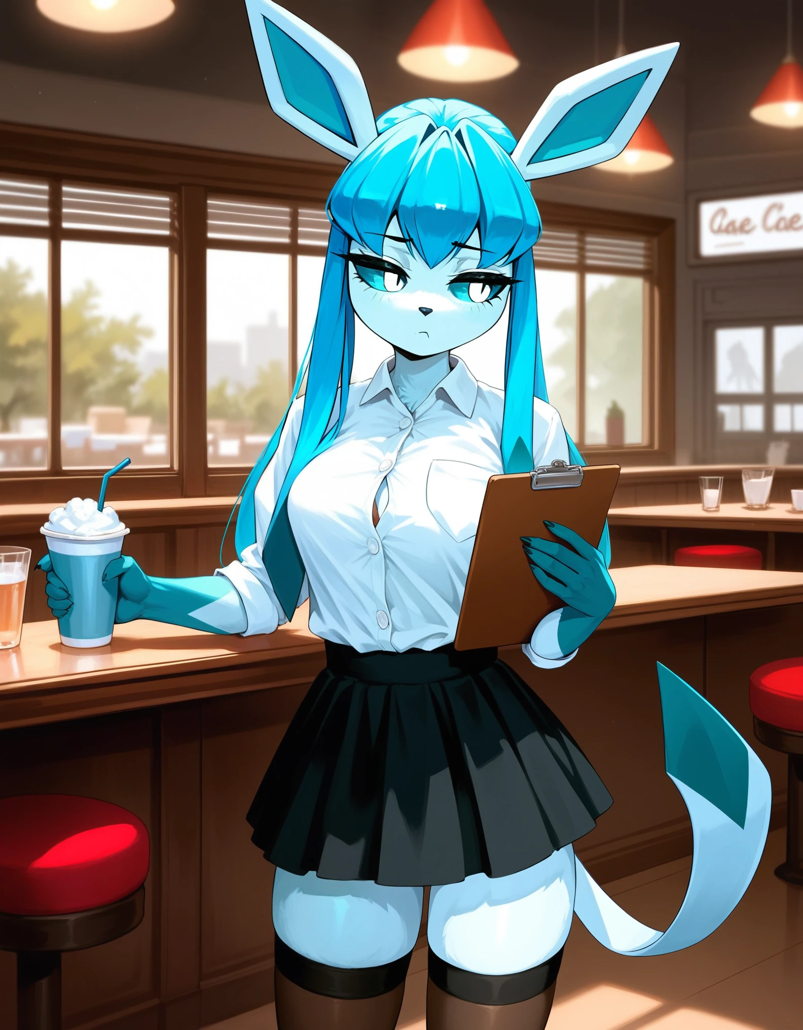 Solo, score_9,score_8_up,score_7_up, source_furry, an Anthro furry Glaceon female, blue sclera, white eyes, wearing white button up shirt, black skirt, thigh high socks, in a cafe, looking bored, holding a single clipboard, standing, looking away,vore anal,breast,