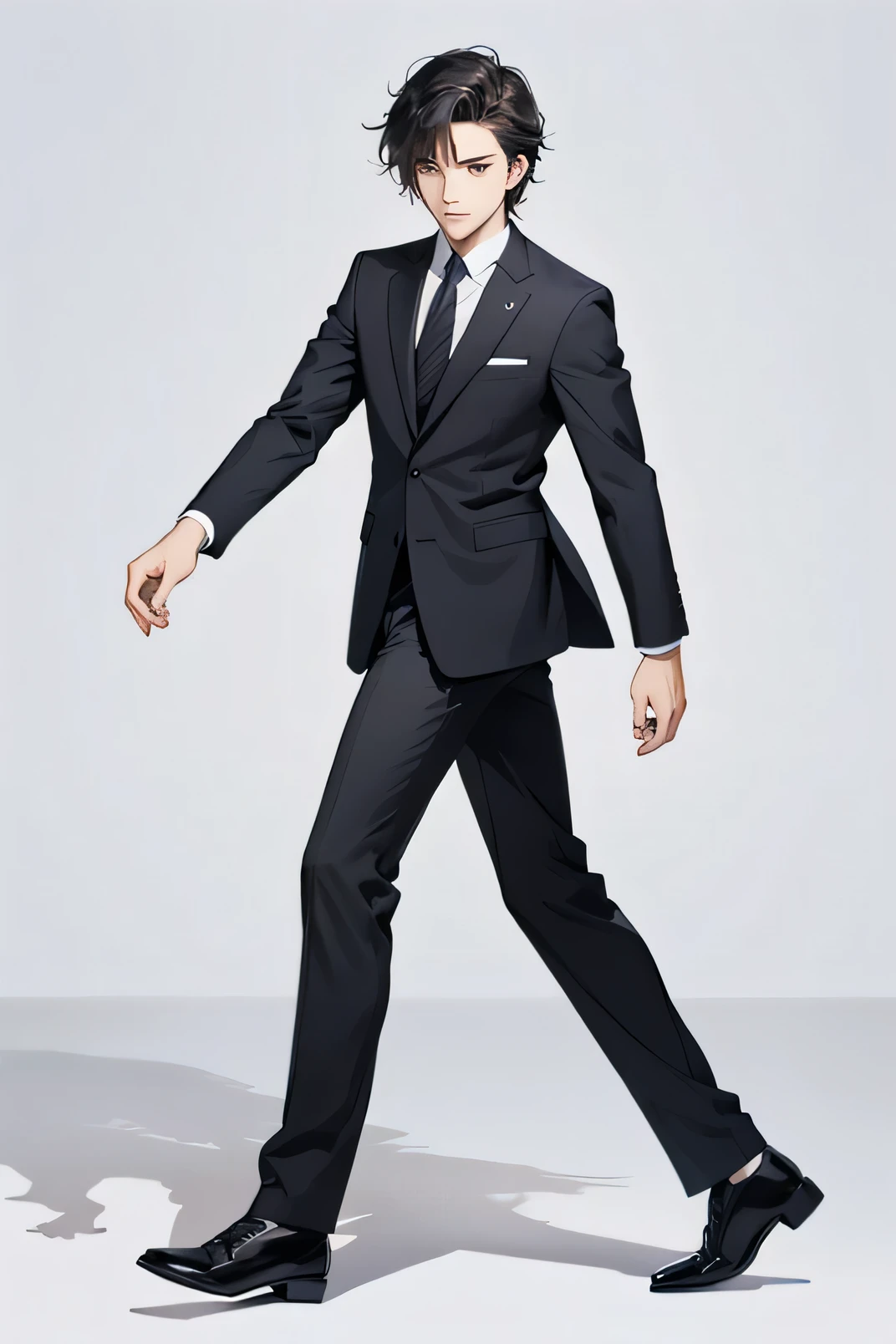 Men in suits,Walk sideways,Step your left leg forward,The right leg is behind,Left hand in front,whole body,Blank Background