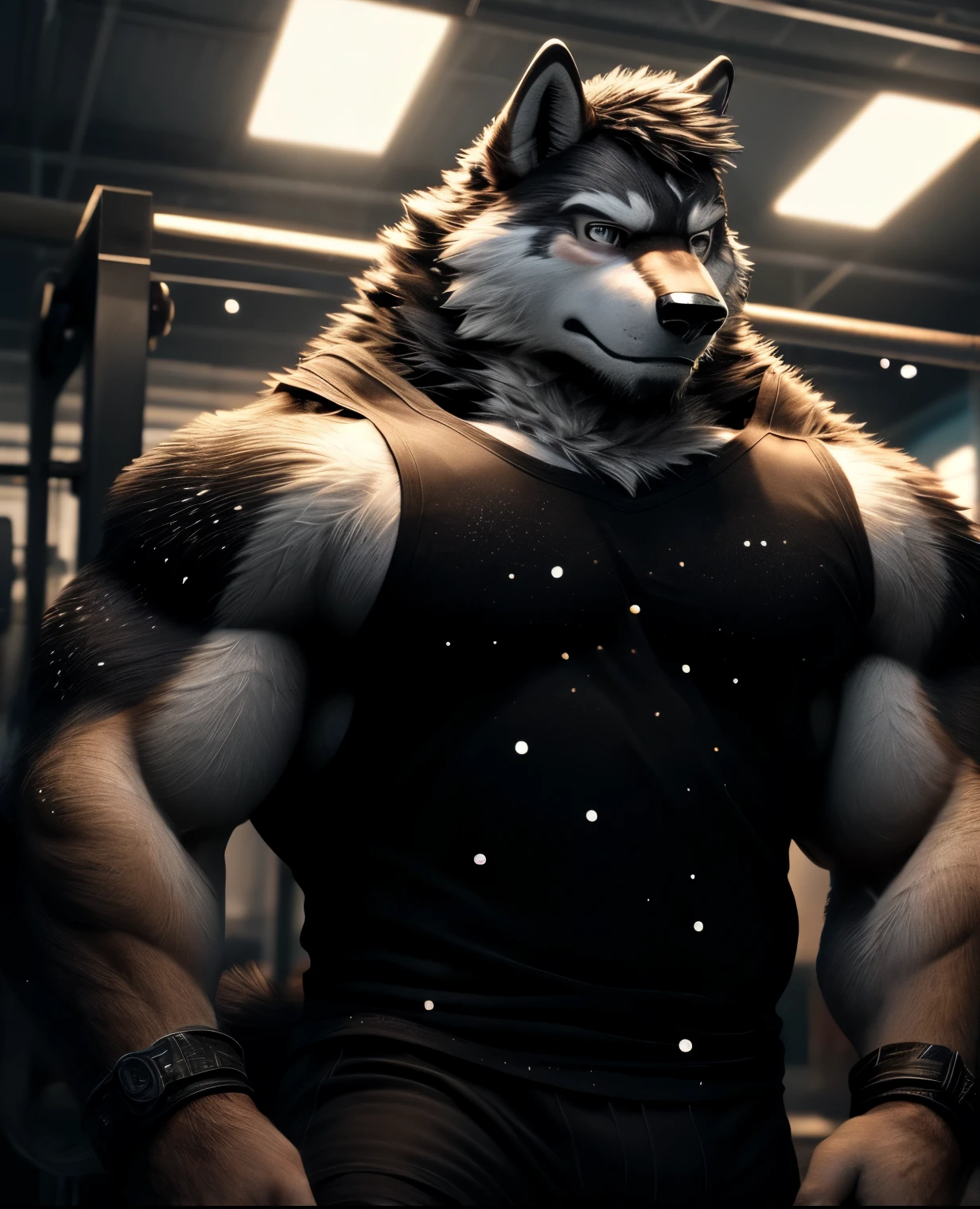 เป็นfurryหมาป่าสีขาว มีกล้าม stalwartๆ ชายที่เป็นผู้ใหญ่, only, stalwart, stalwart male, , look at viewer, 1 boy, bare shoulders, focus man, thigh, Not wearing pants, bare arms, tank top, Embossed, Breakage of the chest, Sidepec, smile, bedroom, personal computer, computer, neon light, wolf tail, Bend your arms., Tensed mouse
