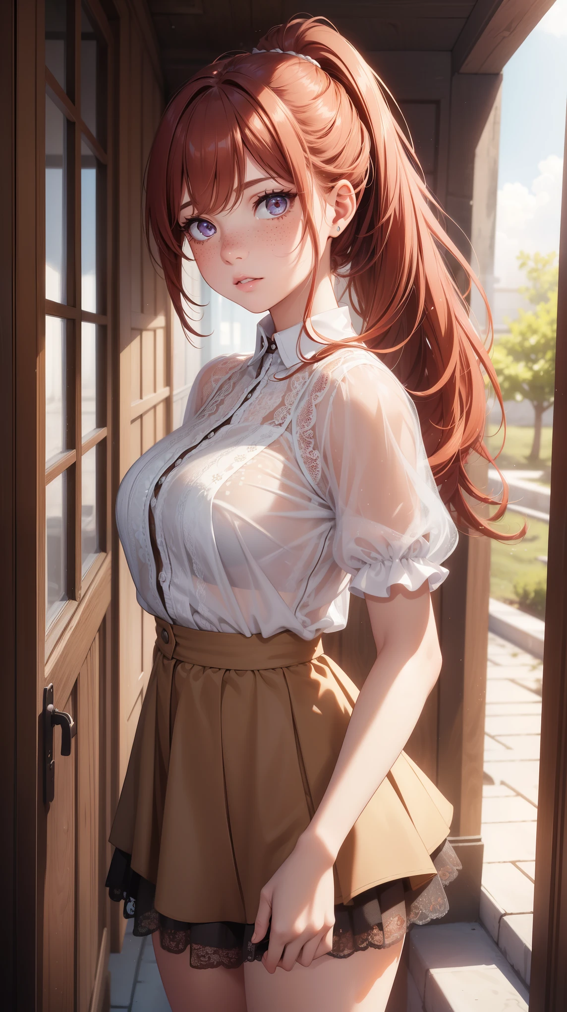 1girl, natural lighting, masterpiece, highly detailed, illustration, game CG, absurdres, high quality, beautiful detailed eyes, glossy lips, natural lighting, medium breasts, redhead, curly hair, ponytail, bangs, freckles, outside, lacey shirt, see-through miniskirt, tiered skirt, layered skirt
