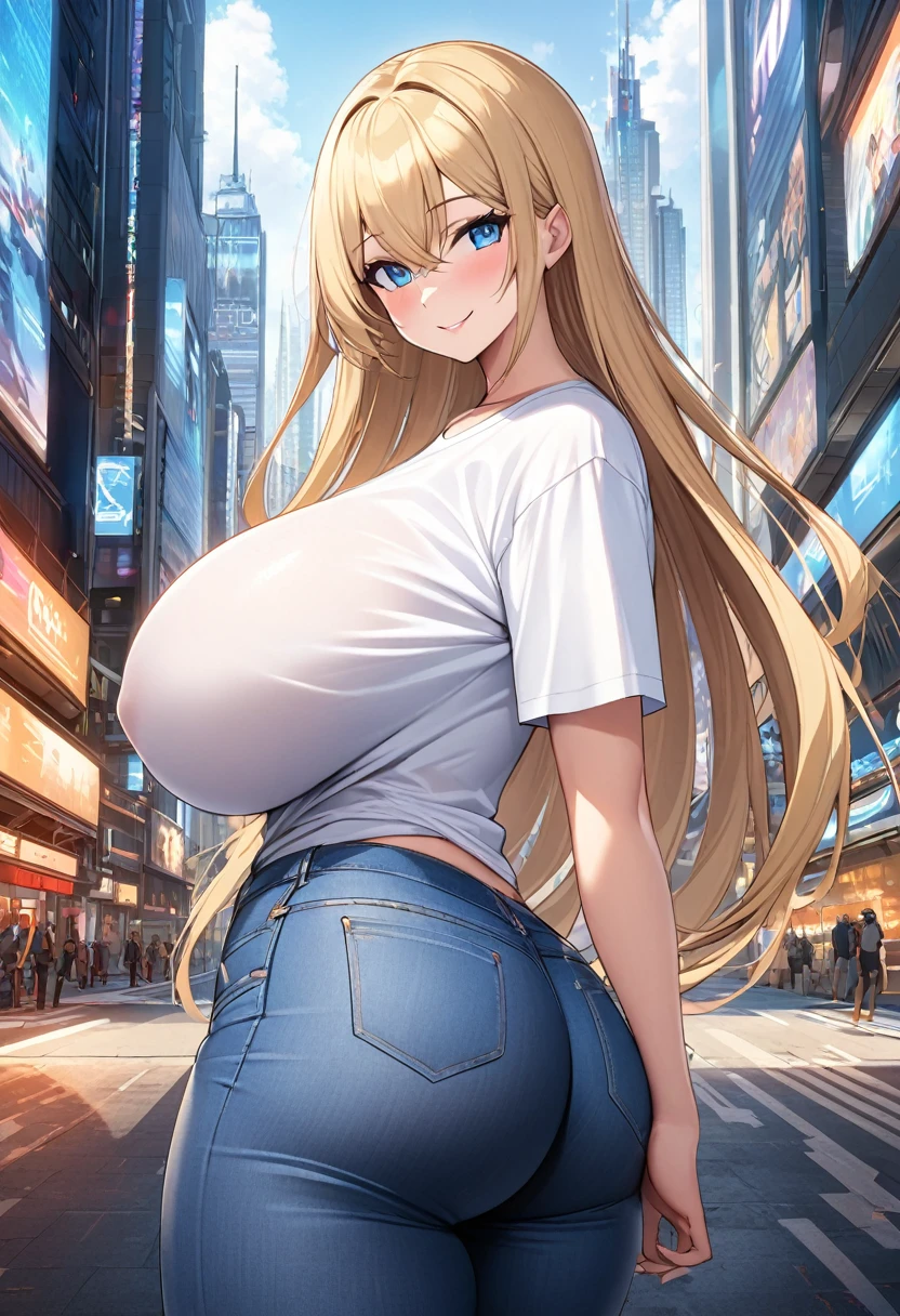 Girl, blond and long and straight hair. Highly detailed, 8k wallpaper, blue eyes, big breasts, huge breasts, smile, thight white t-shirt, thight jeans panties, breasts visible, hot and sexy pose, standing in a streat in a hightech city, skycraper on the background, big ass