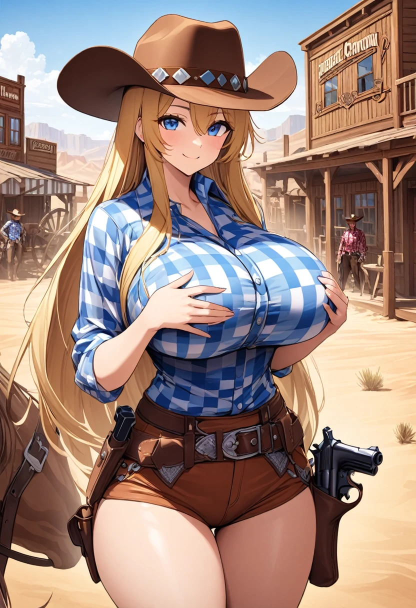 Girl, cowboy hat, cowboy clothes, checkered shirt, smile, blue eyes, blond and straight and long hair, big breasts, standing in wild west town in the dessert, pistol in holster, hands on breasts, huge breasts