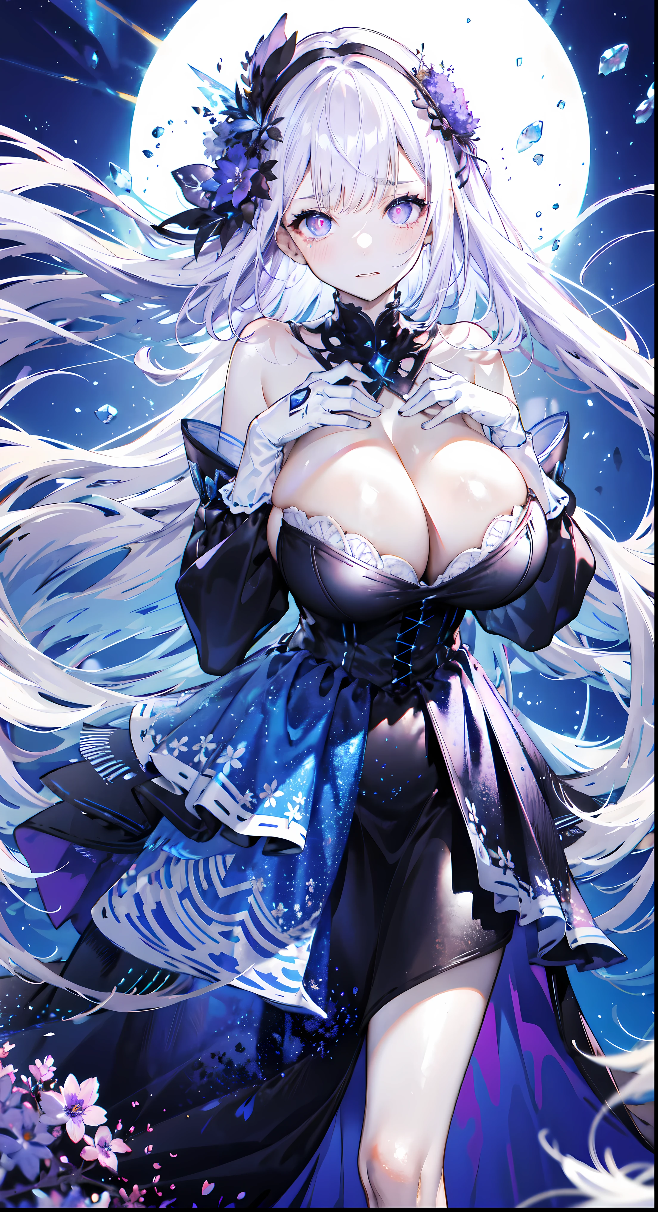 ((masterpiece:1.4,best quality)),(Super detailed),(Extremely detailed eyes),(black leggings,Shiny socks:1.5),Hello Darkness
(Cute girls),,(Blood-red pupils,Diamond-shaped pupil:1.15),Purple Eyeshadow,(elongated hair,Thick hair,Single ponytail,shiny hair:1.5)(Changes through:1.2),White skin,despair,sad,Empty eyes,tears streaming down my face,tilting its head to the side,kneel
(She wears blue armor,A blue dress,:1.5),(Black gloves:1.4)Very long plush sleeves,White,White Cloud,Dream bubbles ,Ice and glitter effects
(Black long skirt:1.1),
(dawn:1.2),
(Intense black and white:1.16),(Depth of Field:1.4),,Intricate details,(Castle in the Sky,Standing by the lake,Purple flowers by the lake),(((Huge breasts,Bare breasts,Deep cleavage)))