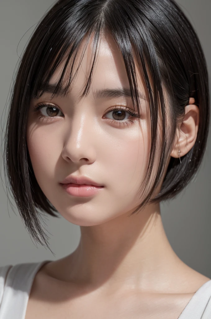 (High resolution:1.3), (16k, Photorealistic, Raw photo, Best image quality: 1.4), Japanese, (One Girl), Beautiful Face, (A vivid face), (Black-haired、short hair:1.3), Beautiful Hairstyles, Realistic eyes, Beautifully detailed eyes, (Realistic Skin), Beautiful skins, attractive, 超A high resolution, Surreal, High detail, Golden Ratio, Highly detailed cute girl,(20-year-old), ((Upper body selfie))