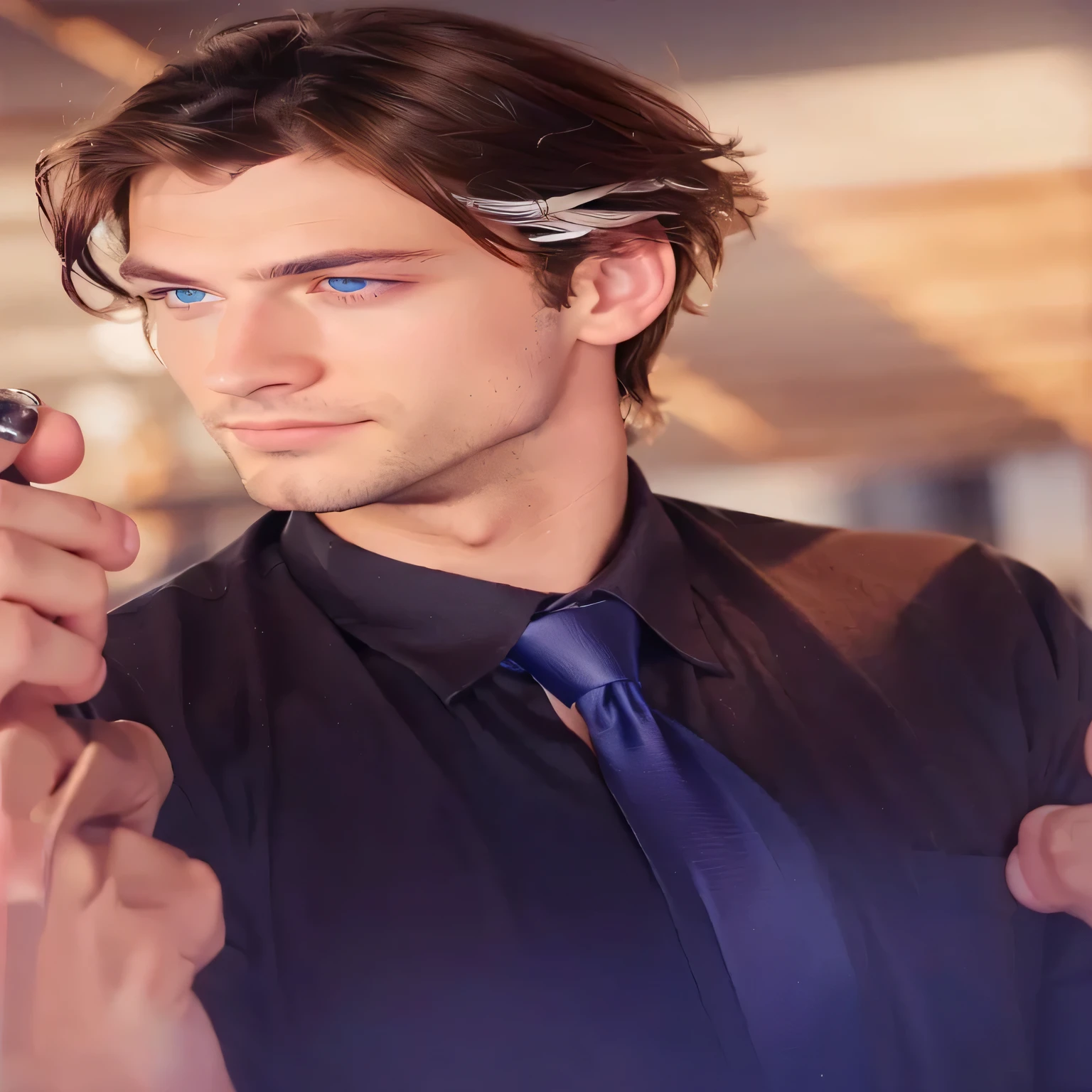 handsome man, blue eyes, brown hair with white streaks, black shirt and blue tie