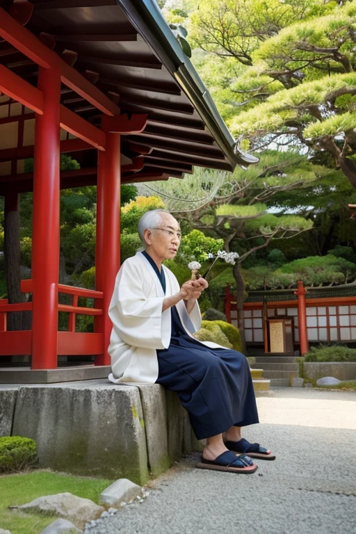 Composing a haiku,Omi Shrine,Hakama,Sitting,Heian period,Elderly,male,Pointing diagonally upwards,Secondary color is green,Reverse the direction of your body
