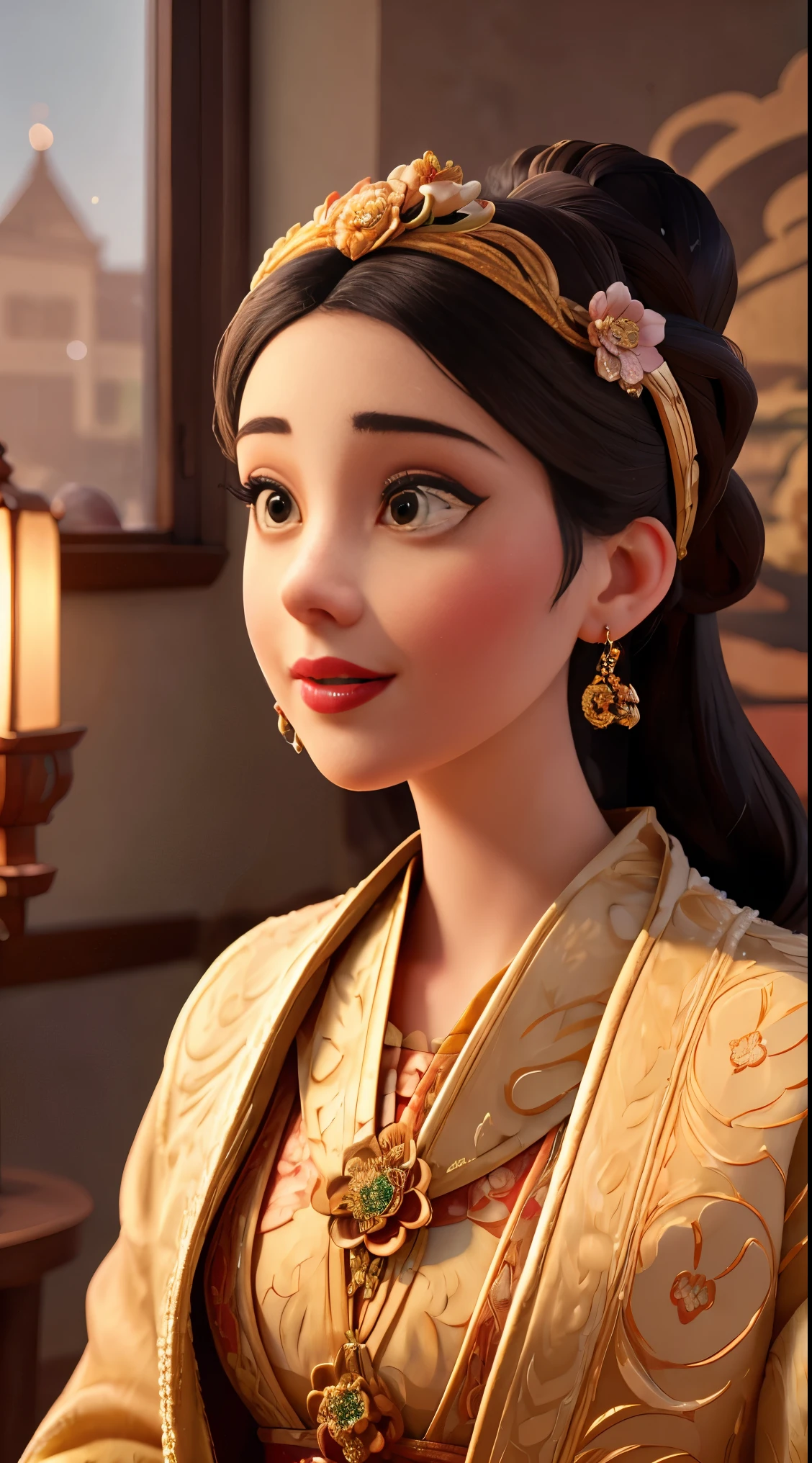 An ancient woman by the window, fixing her hair, mirror, makeup, yellow flowers, classical, aesthetic, exquisite details, high-resolution painting, portraits, realistic, studio lighting, vivid colors, sharp focus, ultra-detailed, detailed eyes, detailed lips, beautiful face features, gentle expression, antique ambiance, traditional setting, vintage, elegant, floral decorations, soft lighting, intricate patterns.