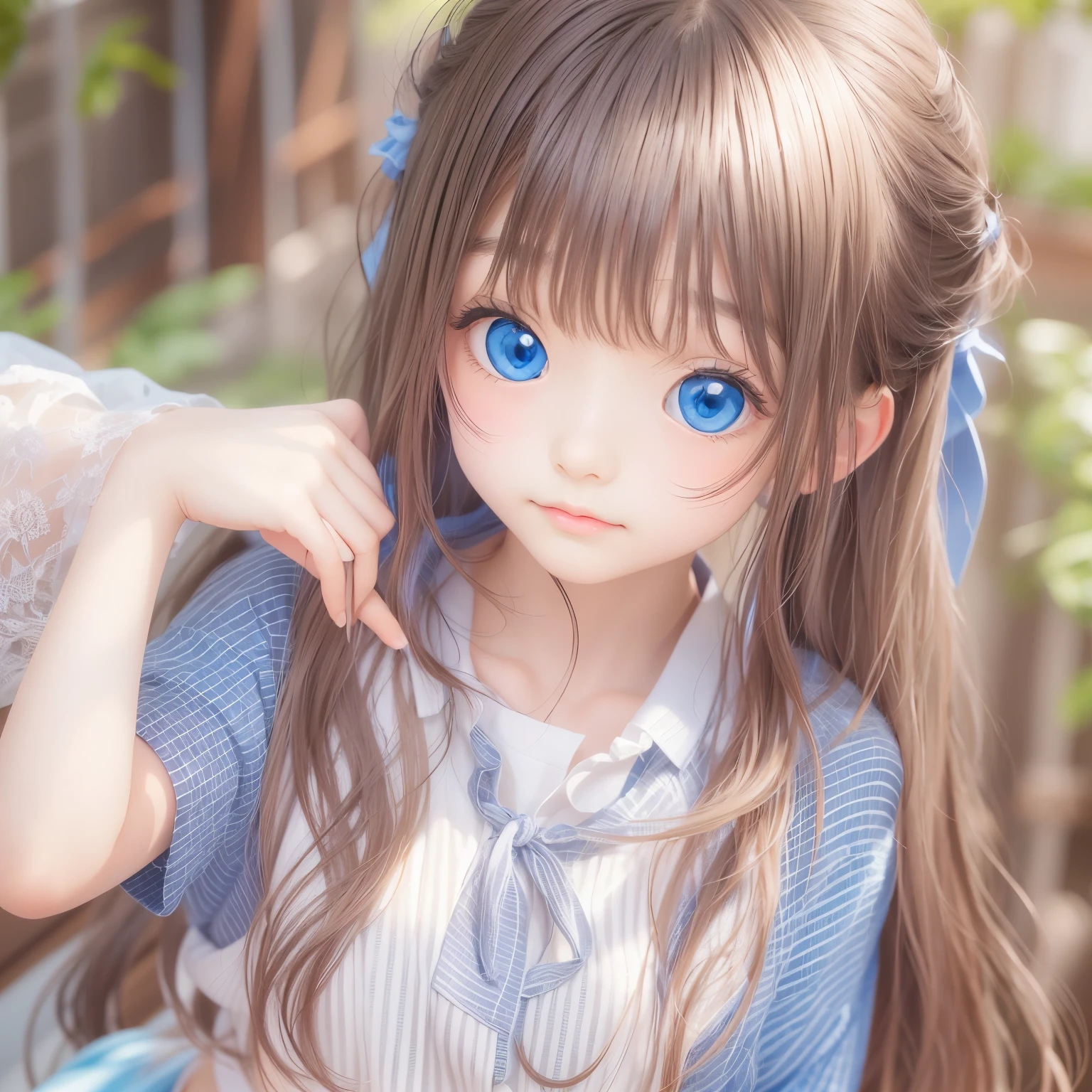 Detailed face, Cute Face, Unparalleled beauty, Shiny、Tightening、Glowing Skin, Bangs between the eyes, Shiny真っ直ぐな美しいプラチナブロンド, Super long straight silky hair, eyeliner, sexy, A beautiful and pure 14-year-old, High resolution big beautiful bright blue eyes, beautiful and adorable girl, Baby Face, Short sleeve shirt