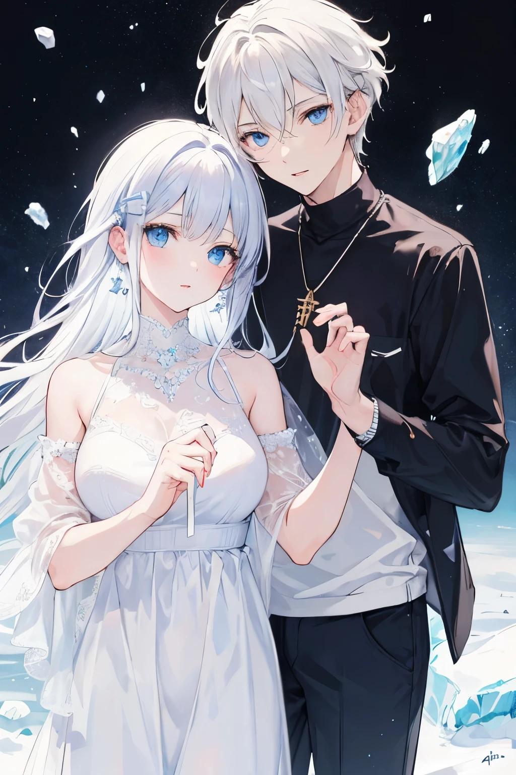 ((best quality)), ((masterpiece)), (detailed), perfect face. One girl, ehite hair, blue eyes. One boy, white hair, blue eyes. Couple. Beauty girl.
Beauty couple.
(fondo nevado), Copos de nieve, (Flores congeladas:0.5), (corona de cristal), (cristales de hielo brillantes), (ropa casual moderna negra), (suelo cubierto de nieve), (couple) dress girl. Husband.