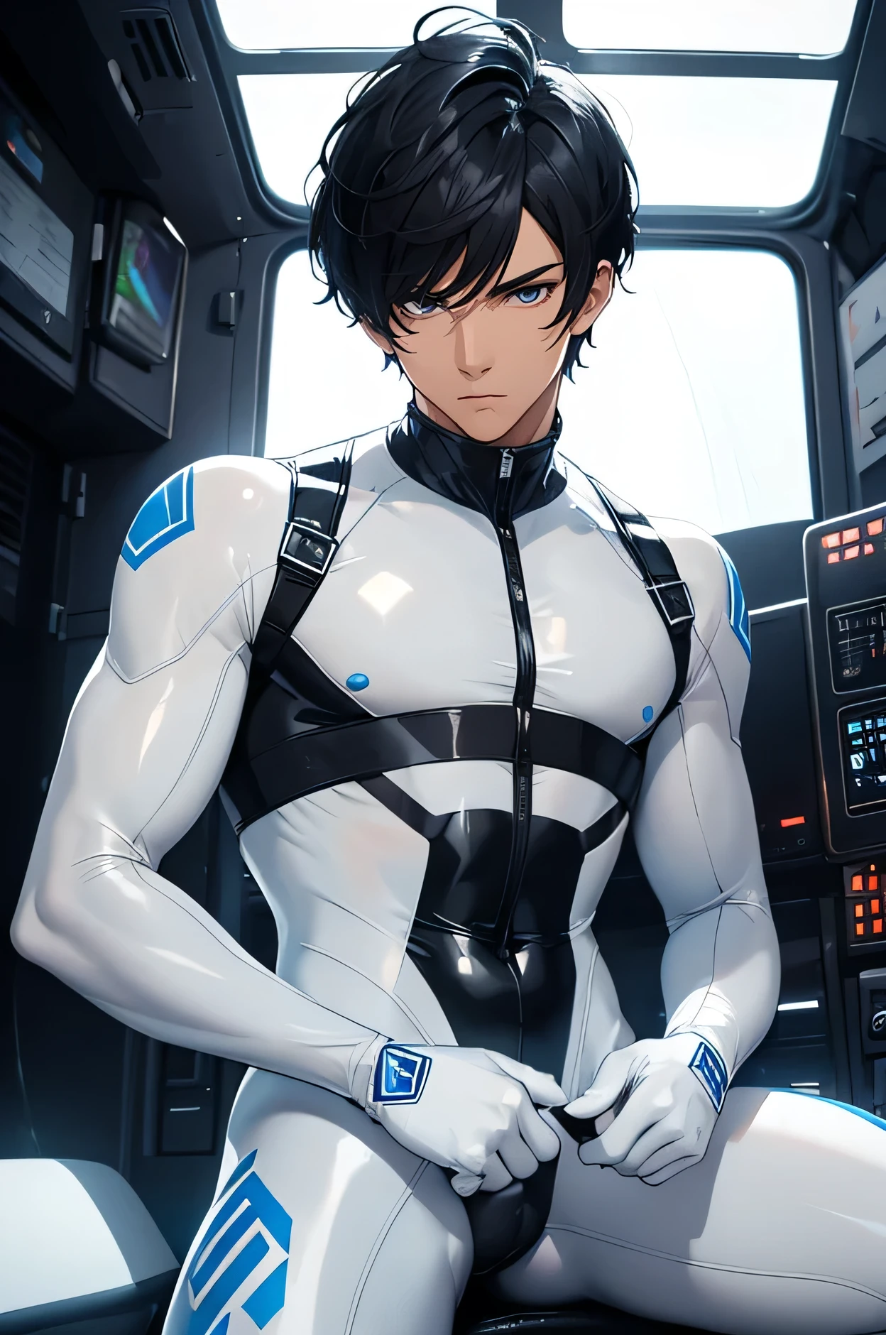 Handsome man, 28 years old　Fearless Warrior　Short cut black hair　The bangs are short too　A tight rubber suit in transparent white with a touch of blue　Very tight, white, see-through rubber suit　　 Mega Bulge　 universe　future　　transparent latex suit　　　　SF　　 Sit in the cockpit　　universe　　　 whole body 　　Panting