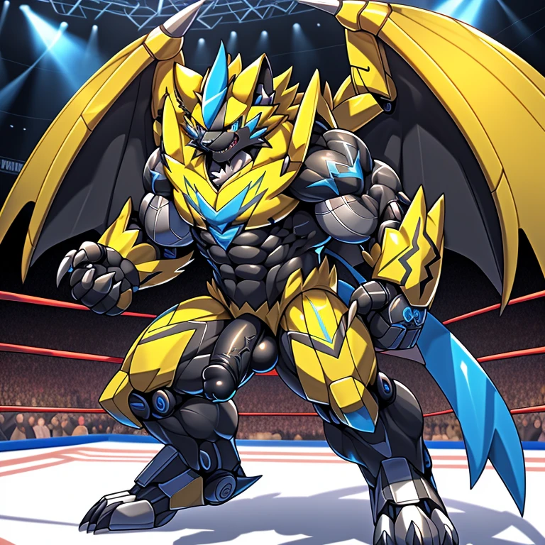 (ZERAORA, 8K), (Zeraora's giant robot, Powered exoskeleton with the same design as Zeraora), (Masterpiece, highres) (Detailed head, Detailed Body, Detailed abs, full body) (gigantic muscles, Gigachad Muscular, big muscle, pecs, triceps, traps, unusually developed muscular body, body full of huge muscles. showing off muscles, pectorales enormes, Exaggeratedly huge muscles.) (nj5furry, The claws are sharp, Sharp teeth, sharp claws), (long legs), (Spread wings, It has wings, have big wings, golden wings), (Wrestling, wrestler, the bodybuilding), (It has wings, whole body shines like metal, Wearing cyberpunk mecha, emphasizes the muscles, suit fully made of metal, intricate armor, Robotic suit, suit fully made of metal, cyborg), (black color hyper , hyper black penis