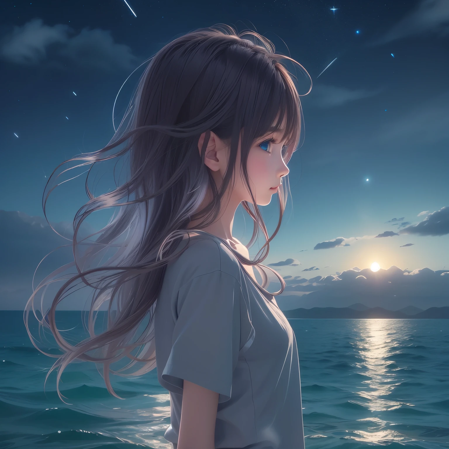 detailed face, cute face,((masterpiece, highest quality)), At night, Light clothing, girl, Put one foot in the sea using only your toes, girl standing, girl sideways, girl between the horizon and the sea, Side view, Ripples spread from my toes, The scene is about 20 metres away., On the Sea, At night, the whole scene is shining, There is a meteor shower