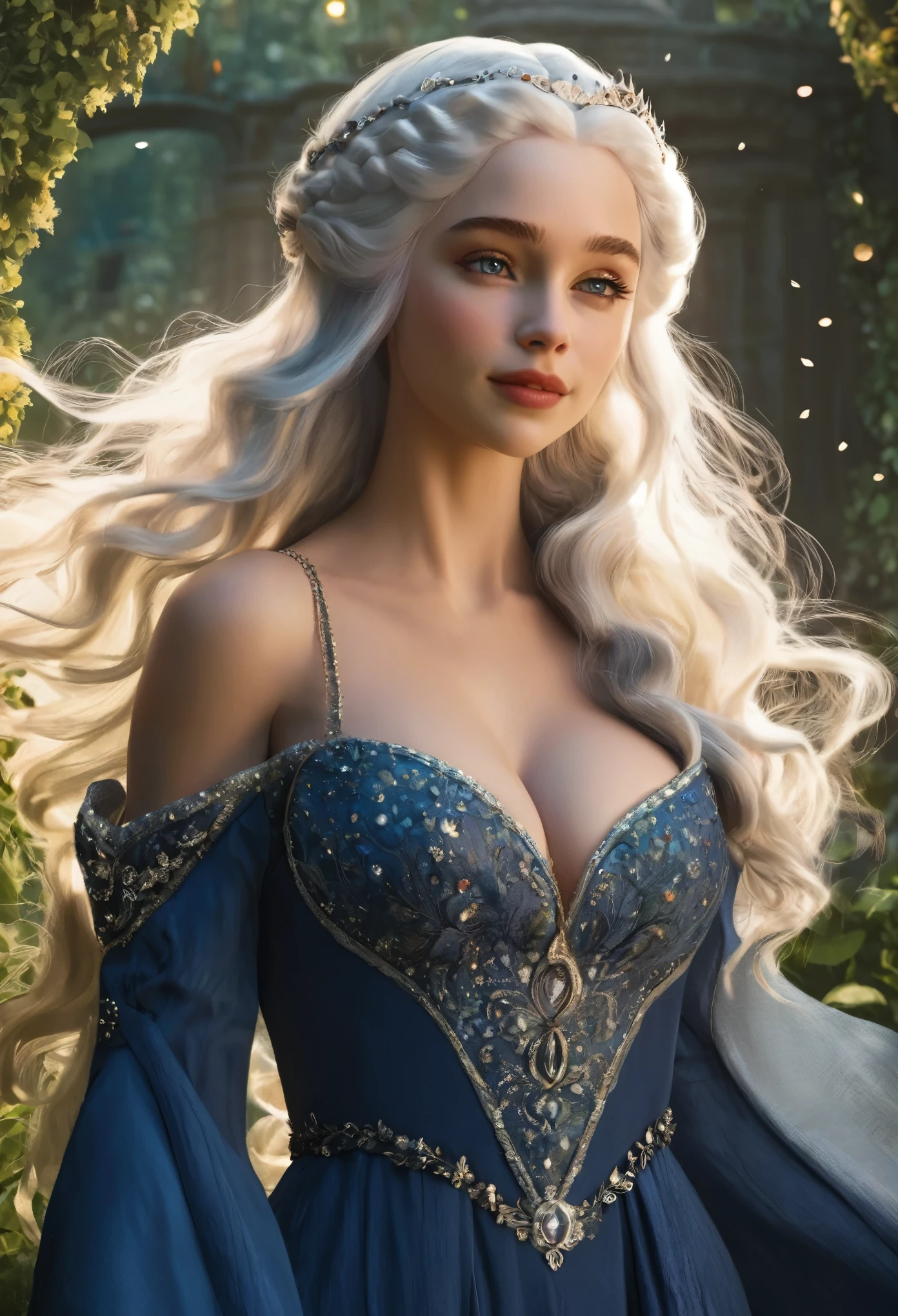 Princess Targaryen, gardens, fireflies, magical, looks like Lauren Jerman, graceful, flowing white hair, in a 16th century dress studded with diamonds on fabric with open shoulders, large breasts, beautiful indigo eyes, delicate face, waist-high, hd
