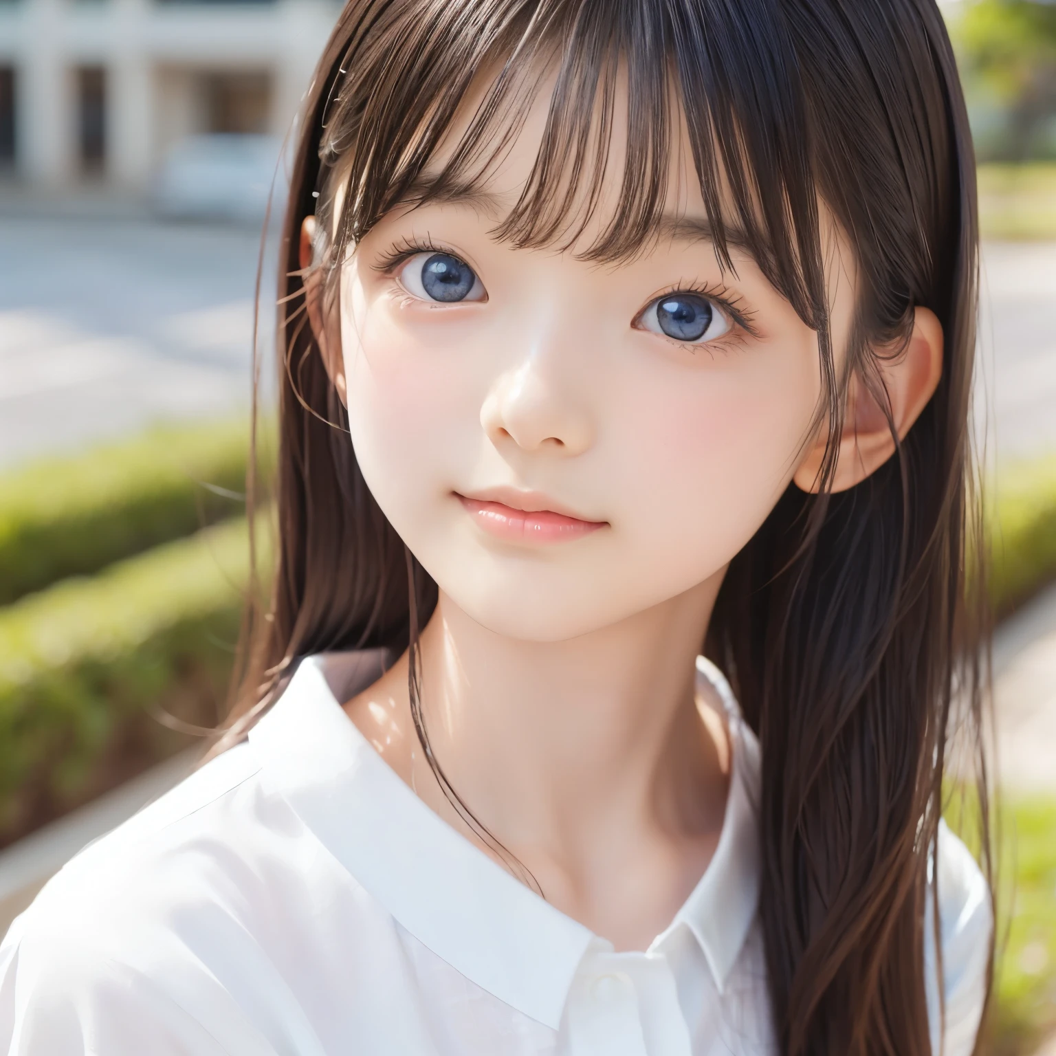 detailed face, cute face, Unparalleled beauty, Shiny、Tightened、Glowing Skin, Bangs between the eyes, Shiny真っ直ぐな美しい金髪, Super long straight silky hair, eyeliner, Sexy, beautiful and pure 14 year old, High resolution big beautiful bright blue eyes, beautiful and adorable girl, Baby Face, Short sleeve shirt