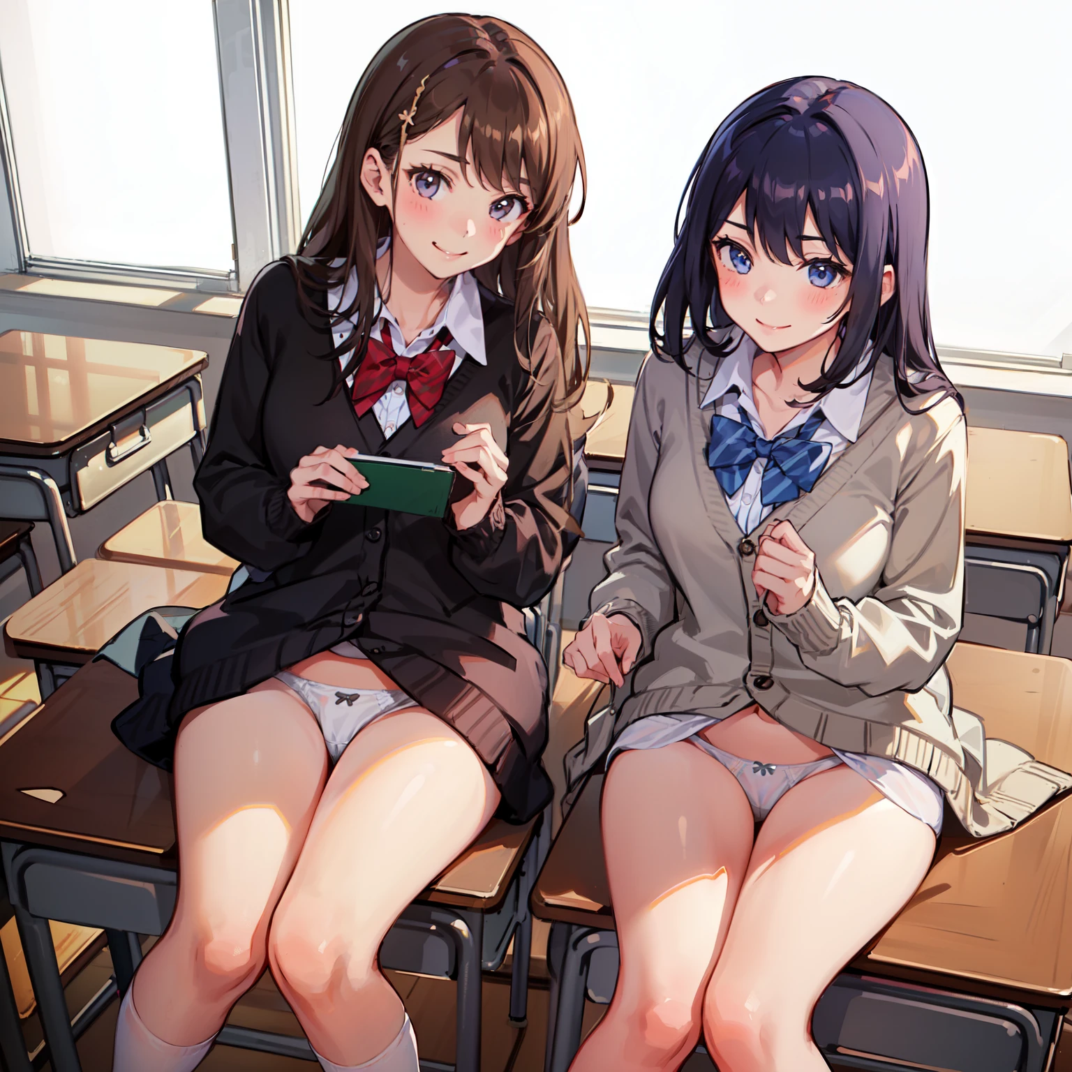 highest quality,masterpiece, ((2 girls:1.5)), (cardigan), Put your knees on your chest:1.5, (smile:1.5), ((high school student)), ((classroom:1.5)), blush:1.3, (White panties:1.5)