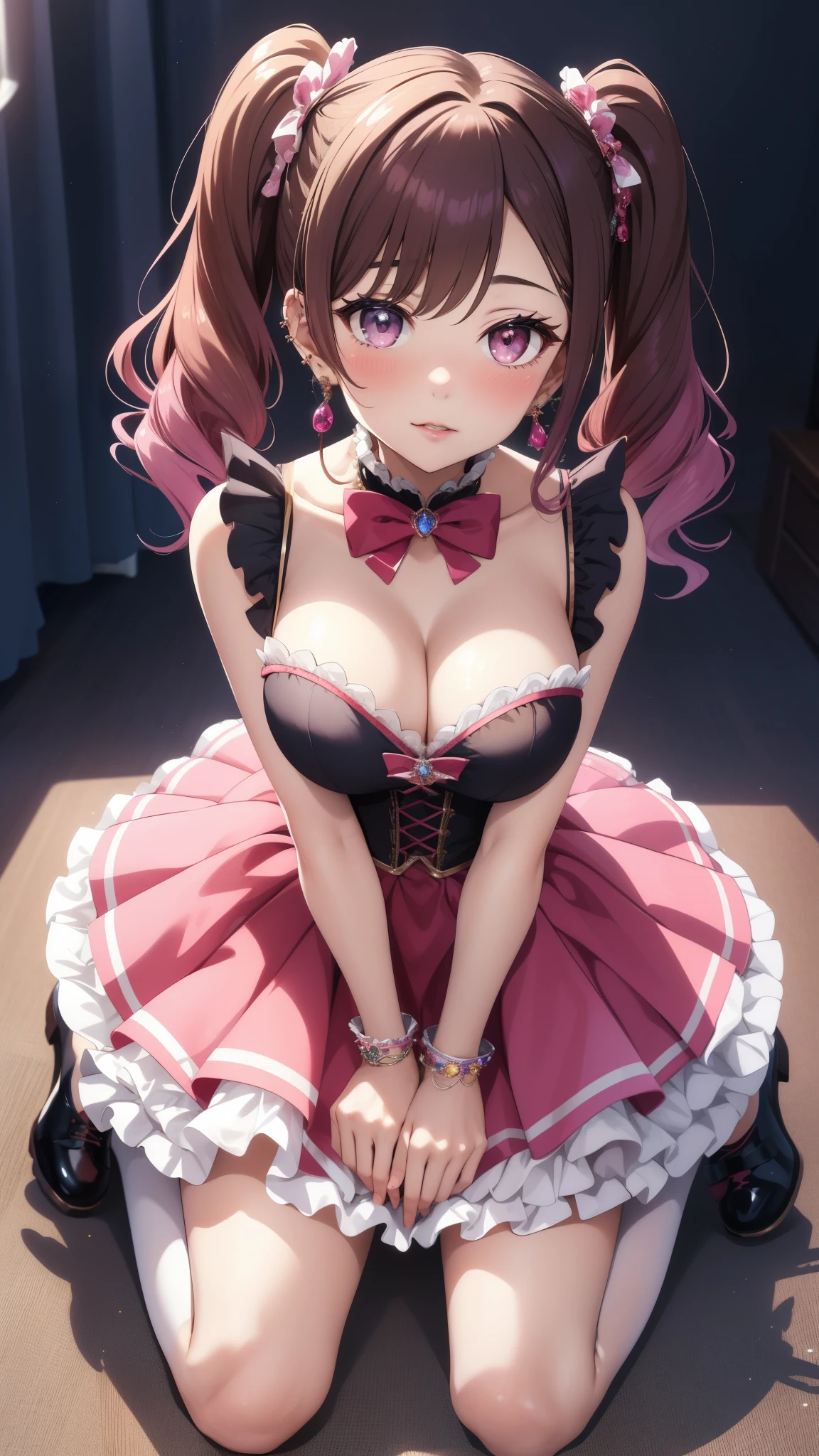 masterpiece, best quality, highres, 1girl, gradient hair, jewelry, earrings, piercing, glossy lips, lips parted, blush, idol dress, puffy skirt, flared skirt, thigh highs, cleavage, kitagawa marin, aichan, kneeling, from above, looking up at viewer, short curly hair, twintails