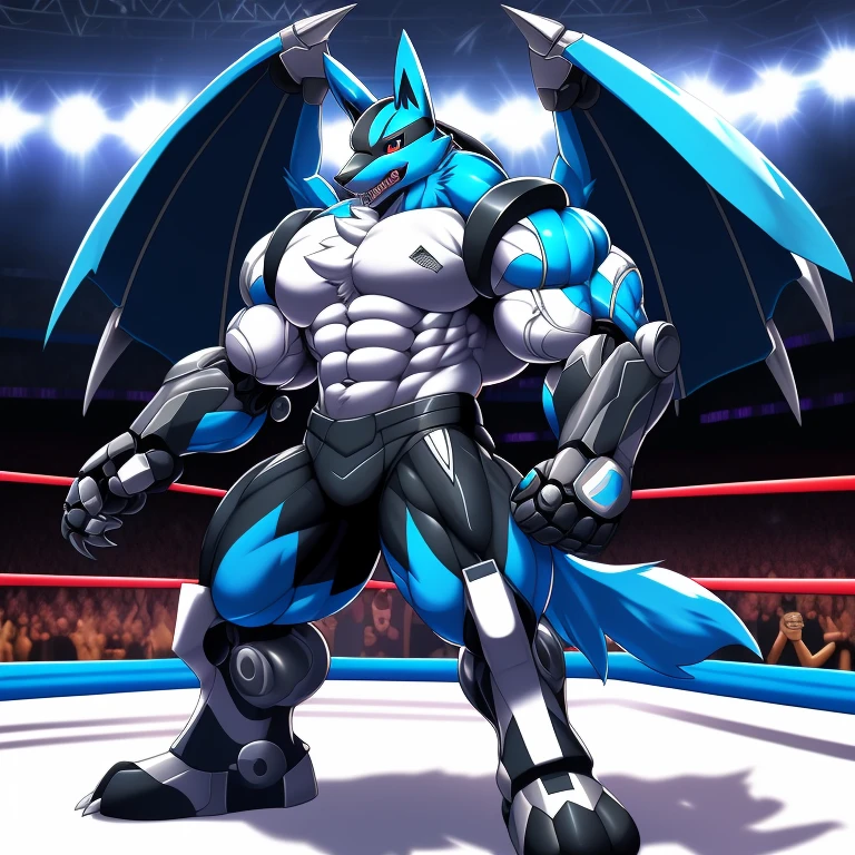 (LUCARIO, 8K), (LUCARIO's giant robot, Powered exoskeleton with the same design as LUCARIO), (Masterpiece, highres) (Detailed head, Detailed Body, Detailed abs, full body) (gigantic muscles, Gigachad Muscular, big muscle, pecs, triceps, traps, unusually developed muscular body, body full of huge muscles. showing off muscles, pectorales enormes, Exaggeratedly huge muscles.) (nj5furry, The claws are sharp, Sharp teeth, sharp claws), (long legs), (Spread wings, It has wings, have big wings), (Wrestling, wrestler, the bodybuilding), (It has wings, whole body shines like metal, Wearing cyberpunk mecha, emphasizes the muscles, suit fully made of metal, intricate armor, Robotic suit, suit fully made of metal, cyborg),