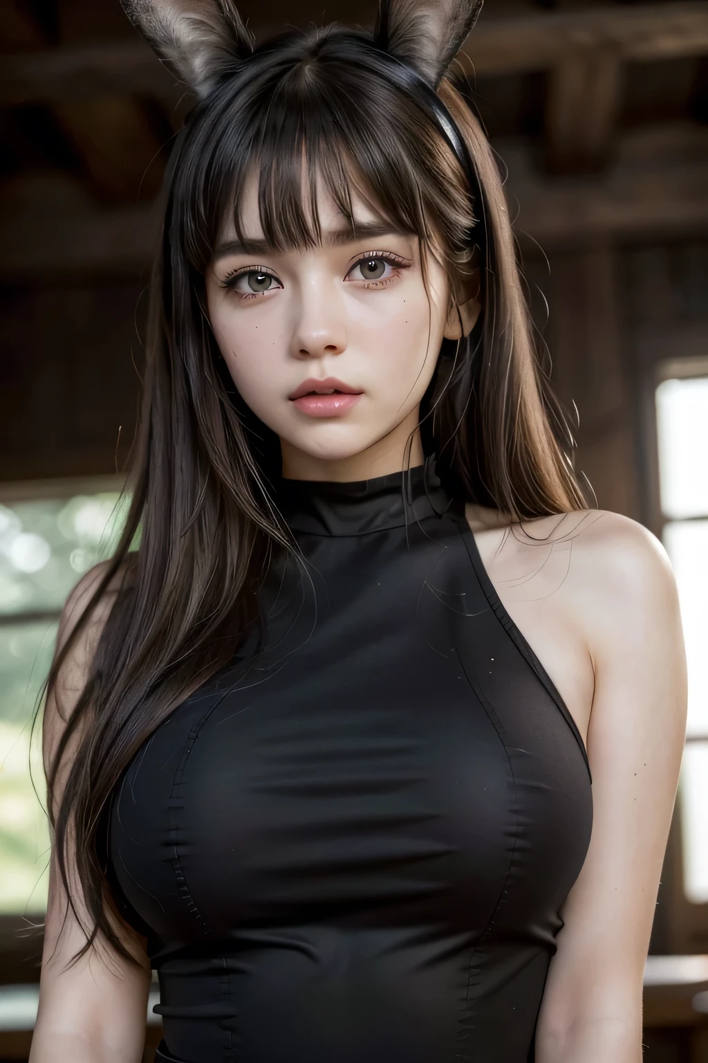 (a beautiful girl with rabbit ears), long messy brown hair, head tilted, (best quality,4k,8k,highres,masterpiece:1.2),ultra-detailed,(realistic,photorealistic,photo-realistic:1.37),intricate, detailed portrait,8K,((masterpiece)), ((best quality)), (ultra-detailed), High detail, professional photograph, highest quality, floating hair, beautiful detailed, (((realistic))), hyper realistic character,natural lighting ,beautiful detailed eyes,1girl, solo,blunt bangs, realistic, ((Tight black dress so tight that it sticks to the body))