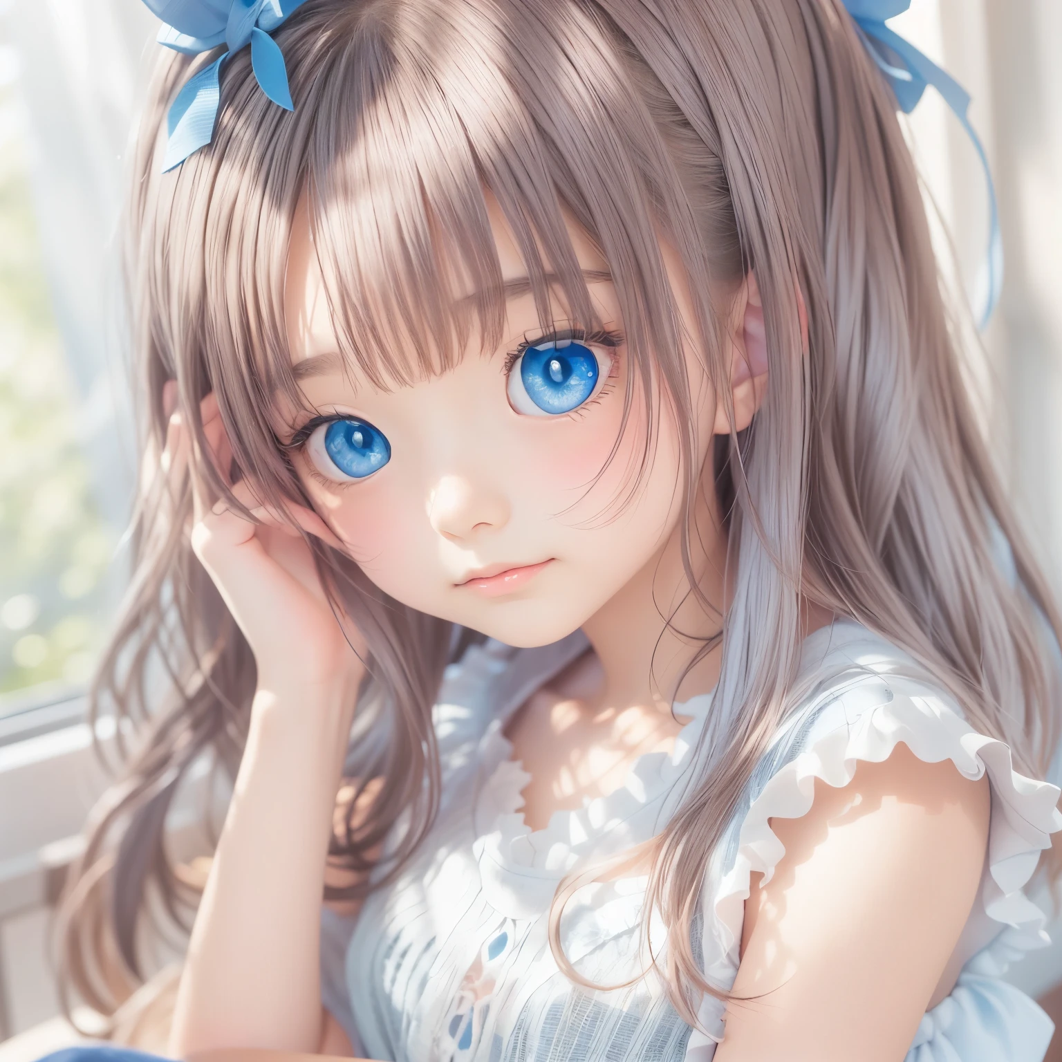 detailed face, cute face, Unparalleled beauty, Shiny、Tightened、Glowing Skin, Bangs between the eyes, Shiny真っ直ぐな美しいプラチナブロンド, Super long straight silky hair, eyeliner, Sexy, beautiful and pure 14 year old, High resolution big beautiful bright blue eyes, beautiful and adorable girl, Baby Face, Short sleeve shirt